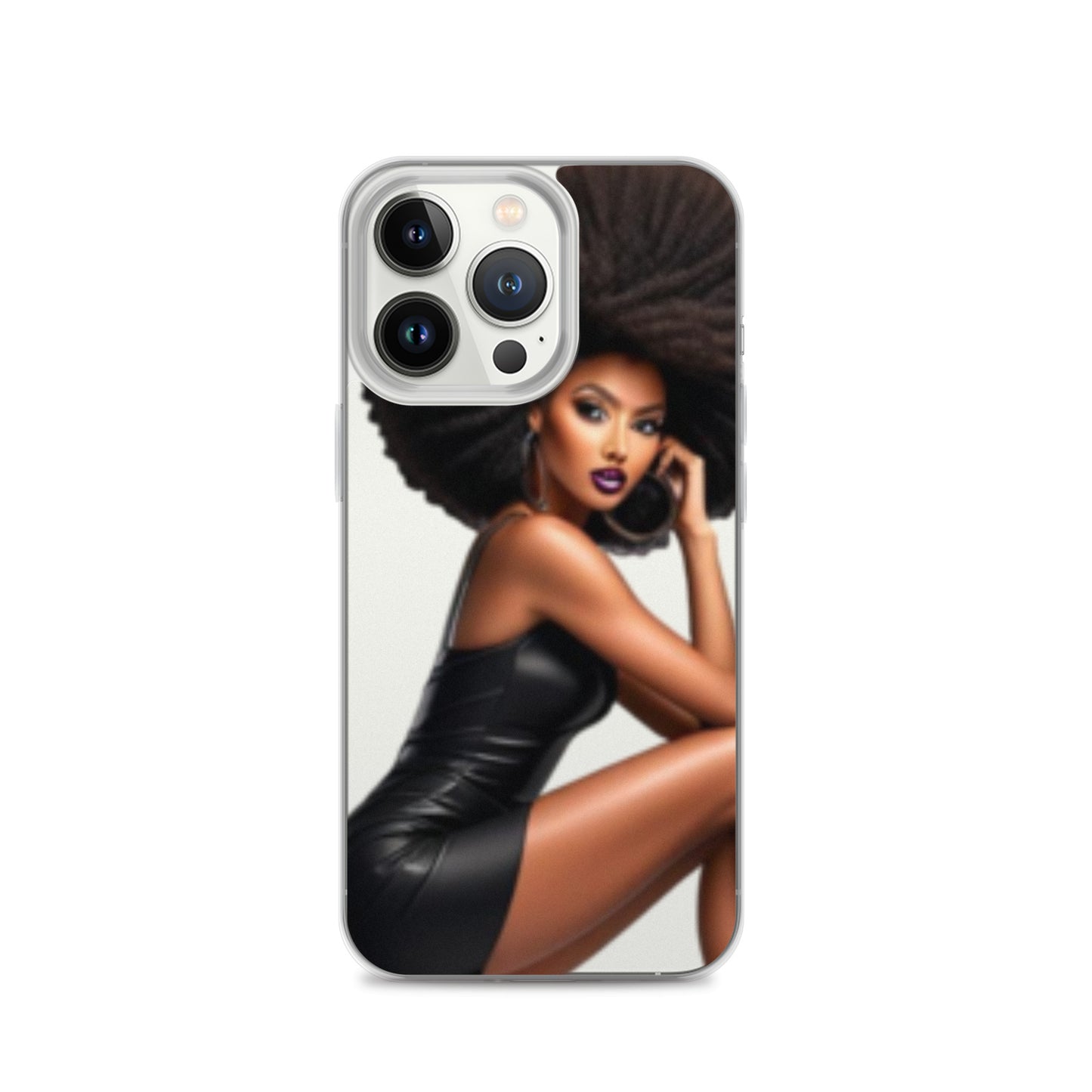 Stiletto Queen Clear iPhone® Case featuring a stylish illustration of a confident Black woman with natural hair and bold makeup, reflecting faith-inspired apparel and melanin-rich imagery.