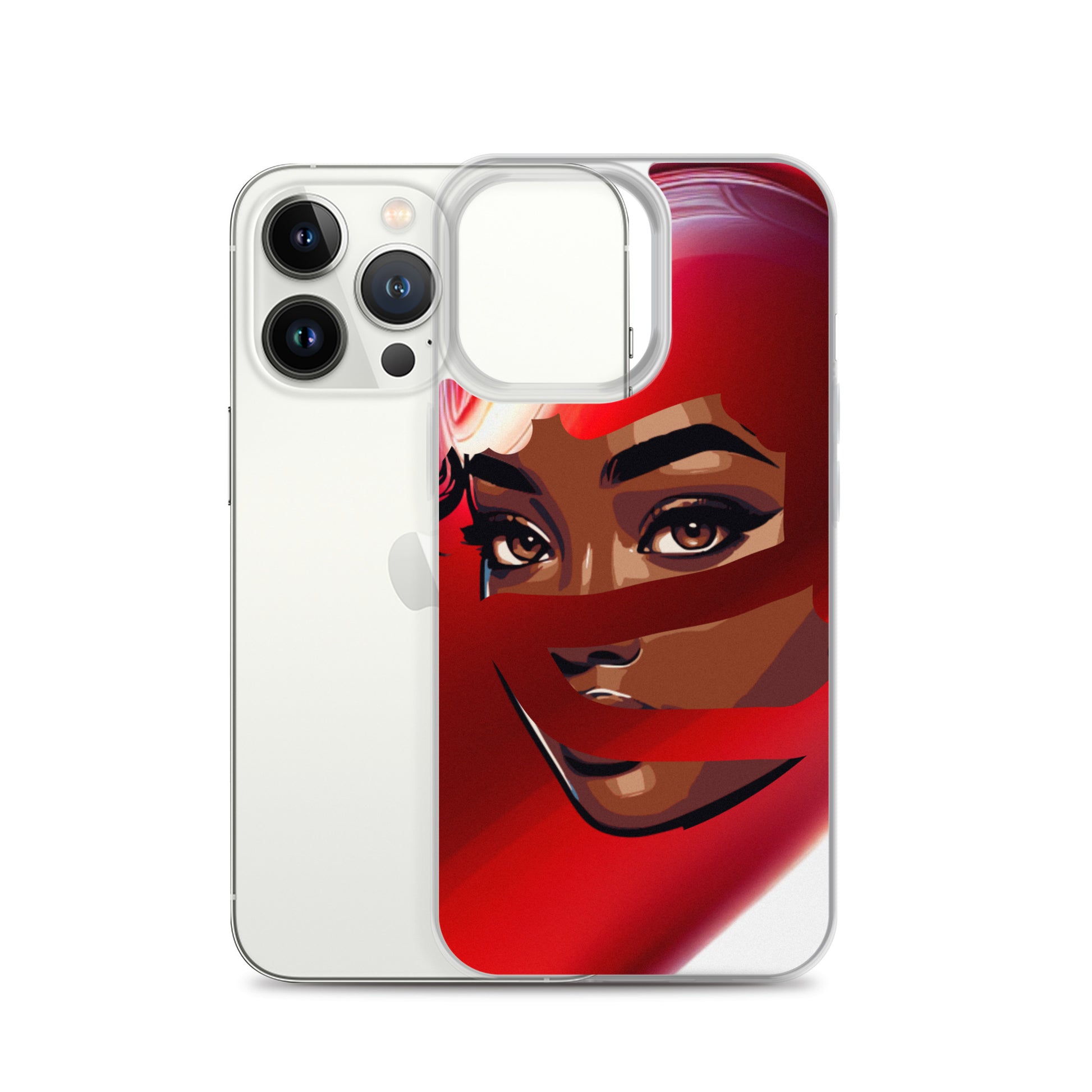 Clear iPhone® case featuring Red Scarf Mystery design with melanin-rich illustration of a woman’s face, embodying faith-inspired apparel and purpose-driven messaging.