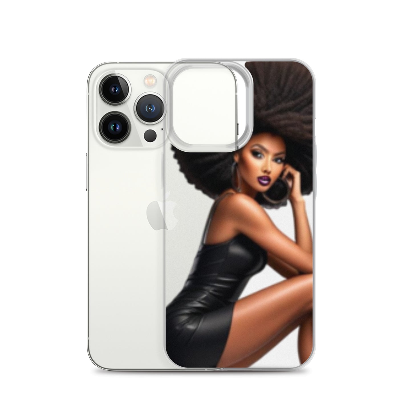 Stiletto Queen Clear iPhone® Case featuring a stylish Black woman with natural afro hair in a sleek black dress, combining melanin-rich imagery with purpose-driven messaging.