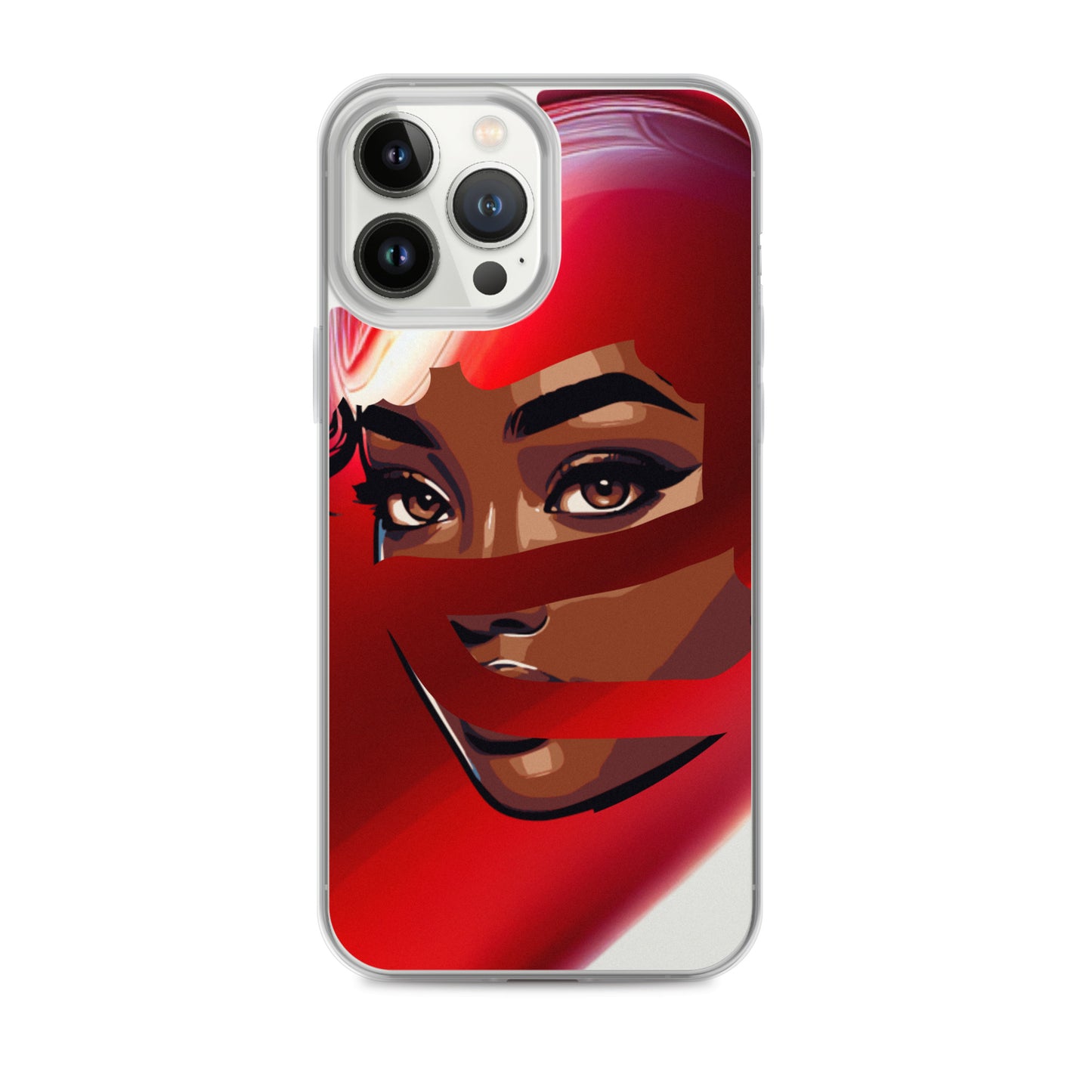 Clear iPhone® case featuring a striking artwork of a woman with melanin-rich skin wrapped in a vibrant red scarf, embodying faith-inspired apparel and purpose-driven messaging in the Red Scarf Mystery Clear iPhone® Case.