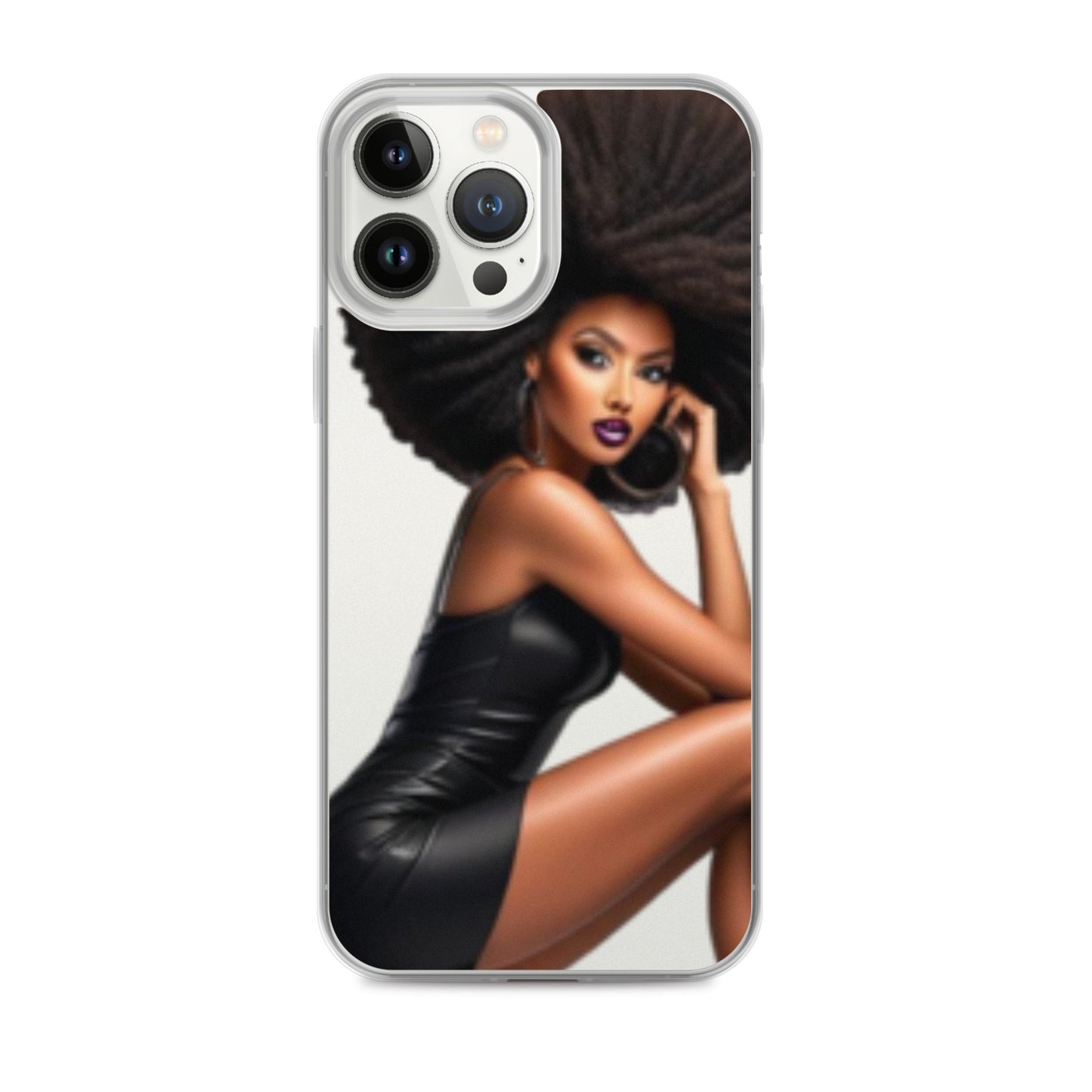 Clear iPhone® case featuring an artistic image of a confident Black woman with natural hair and elegant style, reflecting melanin-rich imagery and purpose-driven messaging, the Stiletto Queen Clear iPhone® Case.