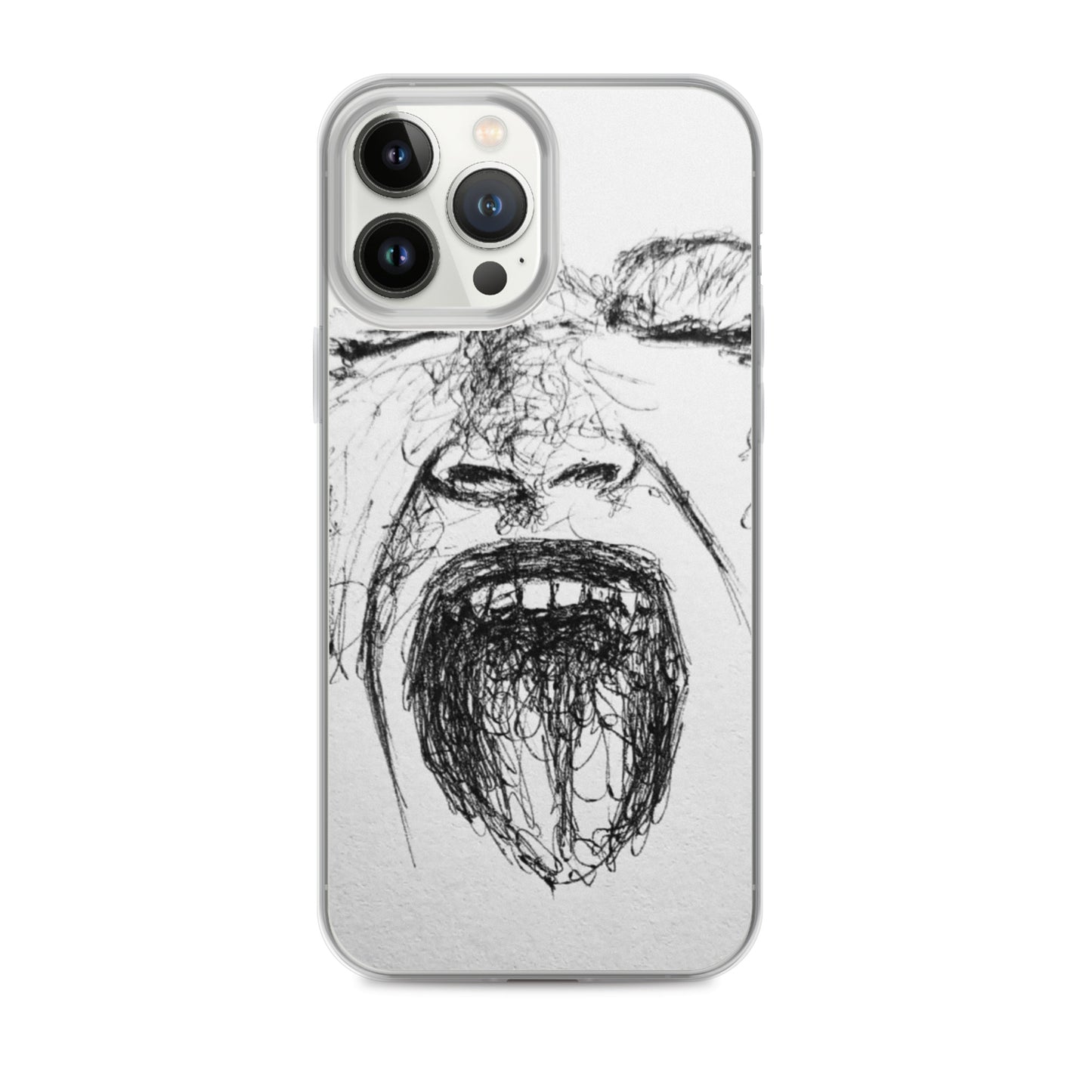 Clear iPhone® case featuring an abstract black sketch of a screaming face with visible teeth and open mouth, part of faith-inspired apparel and gifts with purpose-driven messaging, titled She Screams Clear iPhone® Case.