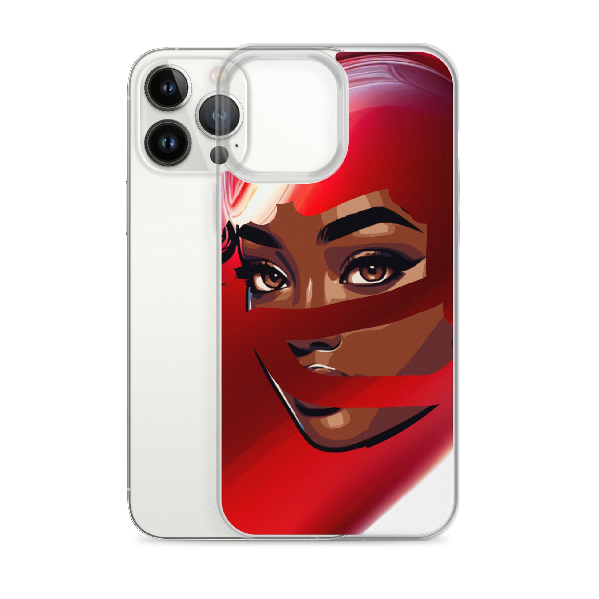 Red Scarf Mystery Clear iPhone® Case featuring a close-up artistic illustration of a woman's face partially covered by a flowing red scarf, celebrating melanin-rich imagery and purpose-driven messaging.