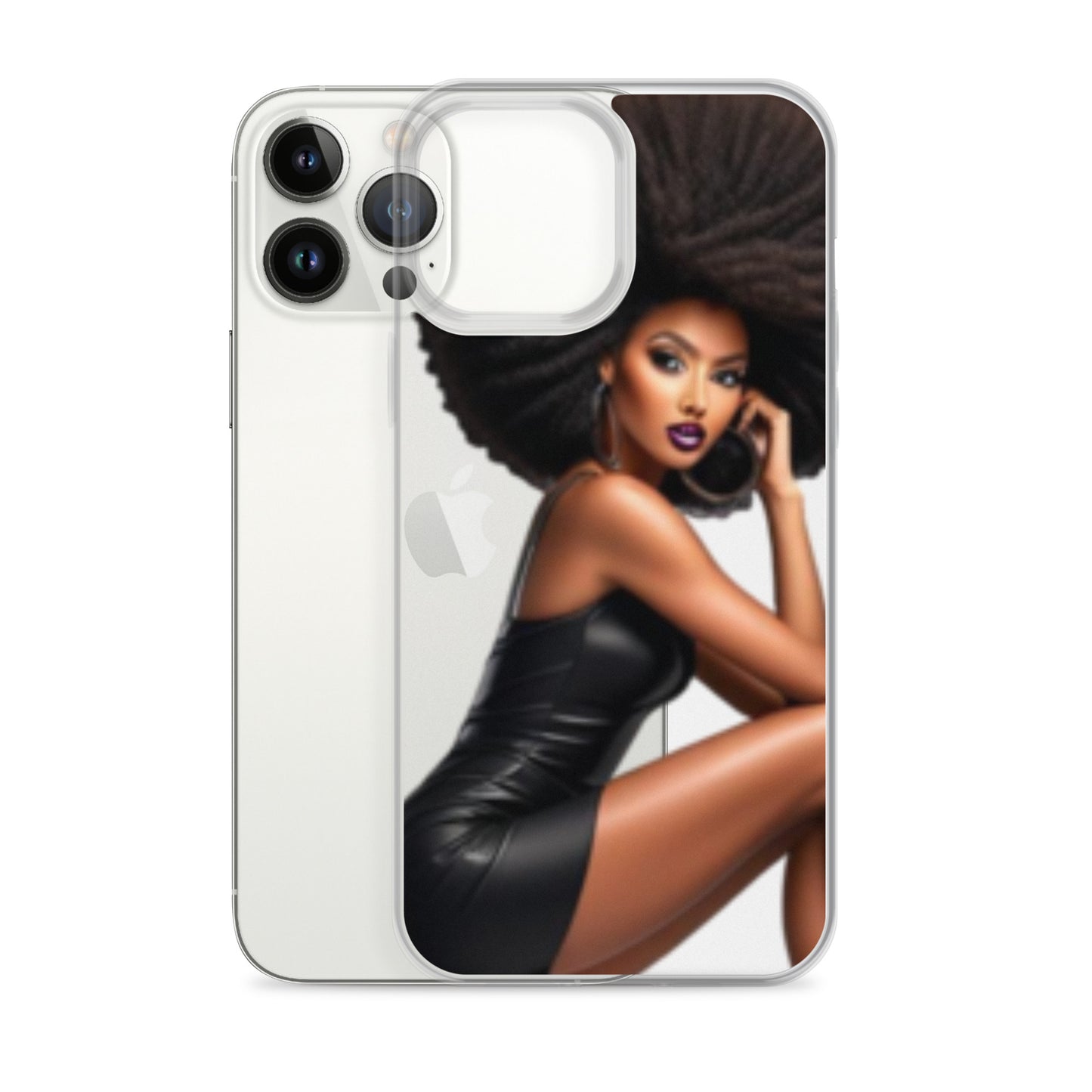Stiletto Queen Clear iPhone® Case featuring a confident Black woman with striking natural hair and bold makeup, embodying faith-inspired apparel and purpose-driven messaging.