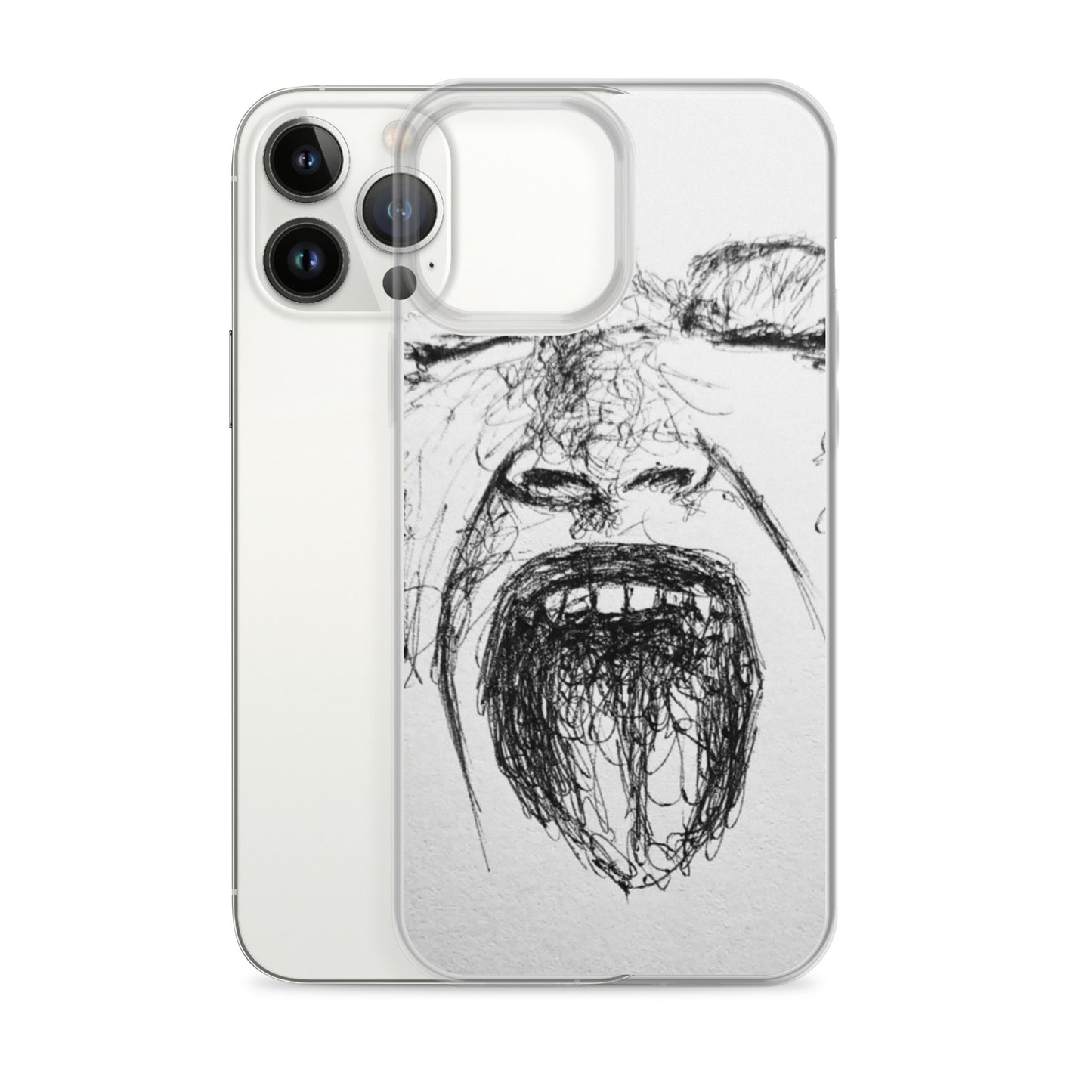 She Screams Clear iPhone® Case featuring abstract black ink drawing of a screaming face, blending edgy artistic expression with faith-inspired purpose-driven messaging.