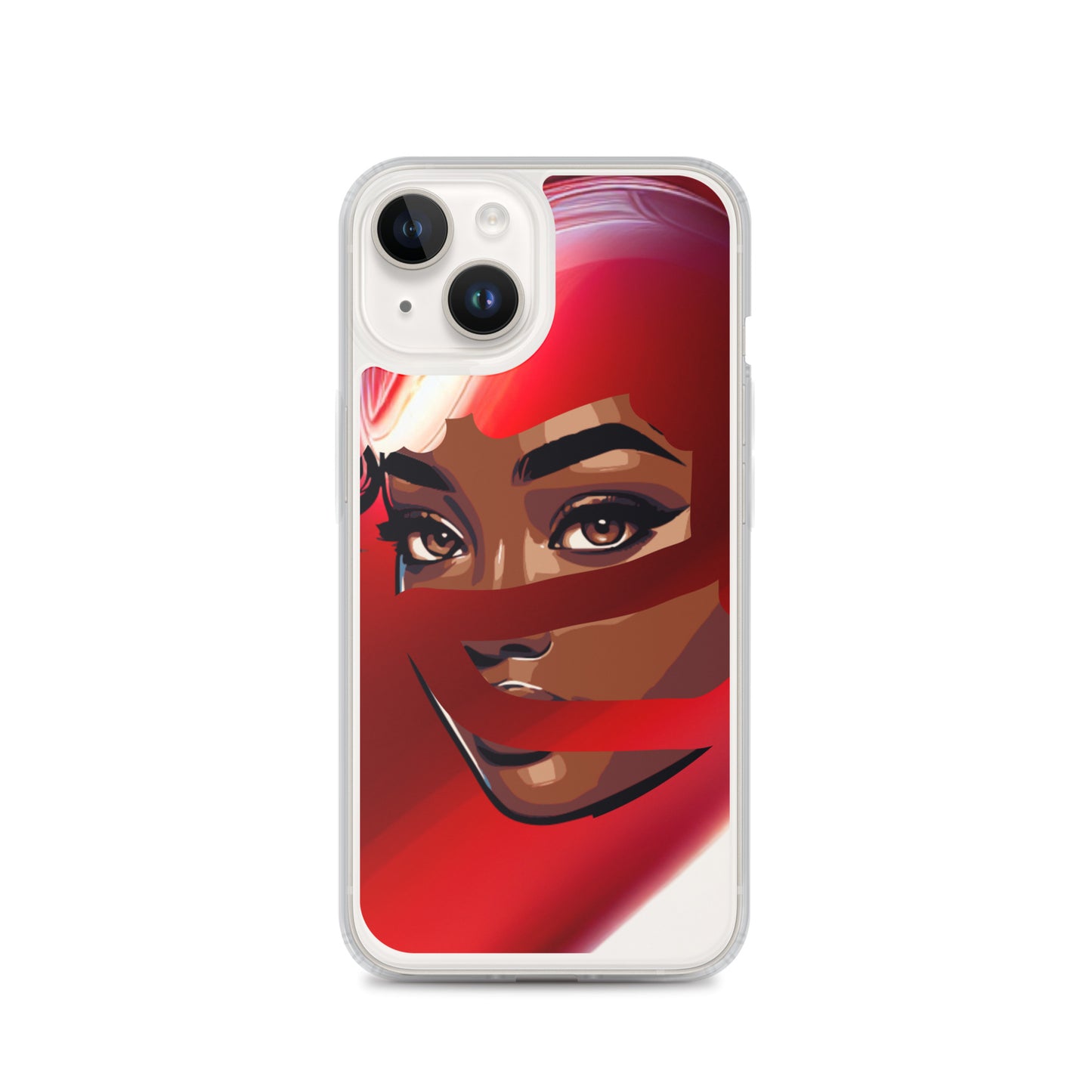 Clear iPhone® case featuring a vibrant red scarf design partially revealing a confident Black woman's face, perfect for faith-inspired apparel and gifts with melanin-rich imagery titled Red Scarf Mystery Clear iPhone® Case.