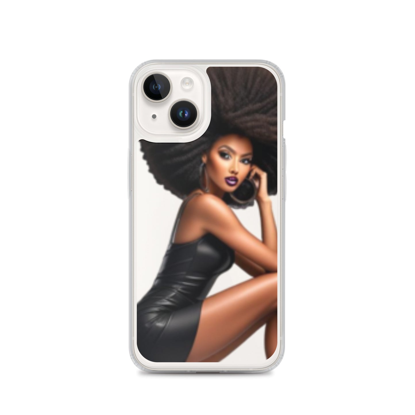 Clear iPhone® case featuring a striking illustration of a confident Black woman with voluminous hair in a sleek black dress, embodying melanin-rich imagery and purpose-driven messaging in the Stiletto Queen Clear iPhone® Case.