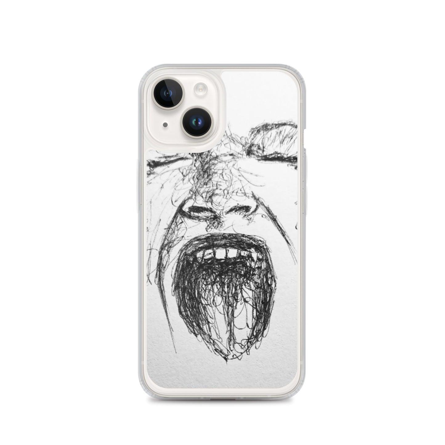 She Screams Clear iPhone® Case featuring a bold, artistic black sketch of a screaming face on a transparent background, combining faith-inspired design with purpose-driven messaging.