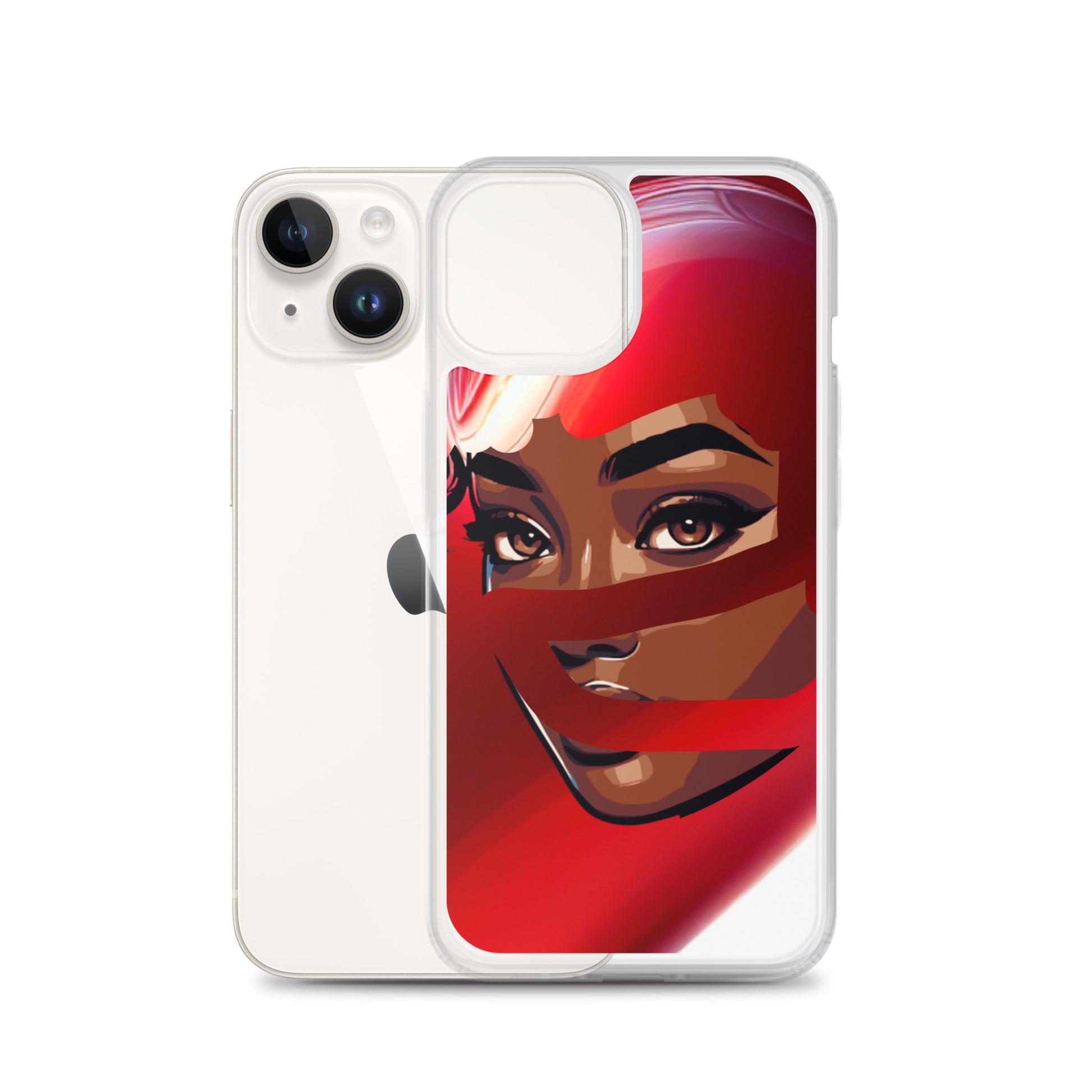Red Scarf Mystery Clear iPhone® Case featuring an artistic design of a woman with melanin-rich skin partially covered by flowing red scarf fabric, combining fashion and faith-inspired purpose.