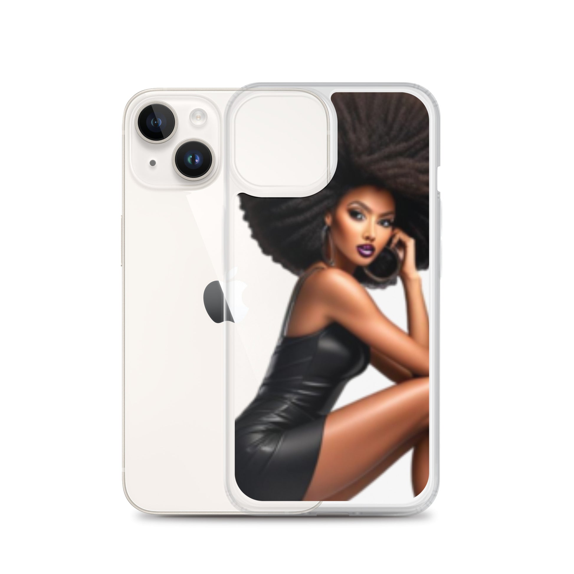 Clear iPhone® case featuring a vibrant illustration of a confident Black woman with natural hair in a sleek black dress, designed on the Stiletto Queen Clear iPhone® Case to inspire purpose-driven style.