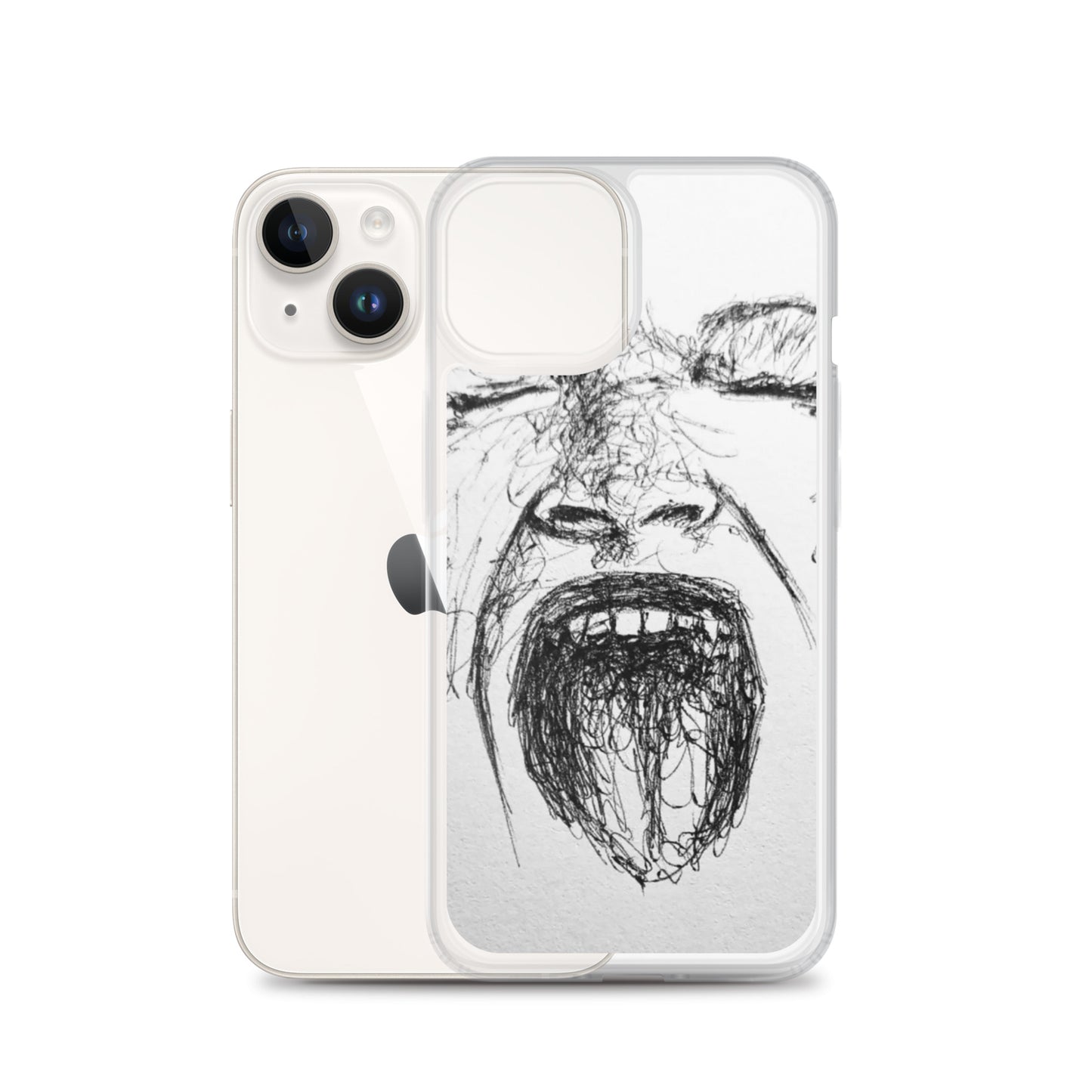 She Screams Clear iPhone® Case features a black abstract sketch of a screaming face on a transparent background, blending expressive art with clear protection.