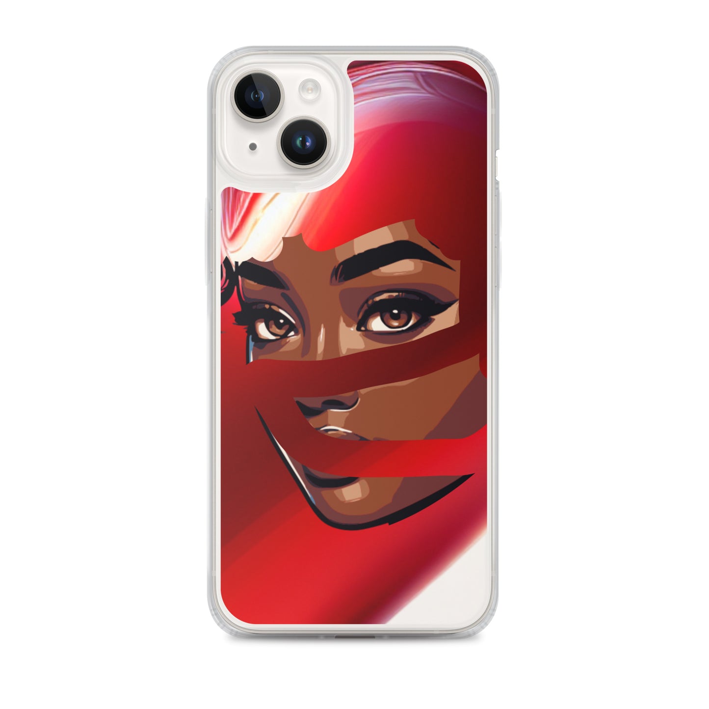 Clear iPhone® case featuring a stylish artistic portrait of a woman with a vibrant red scarf, showcasing melanin-rich imagery and purpose-driven messaging for faith-inspired appeal. Red Scarf Mystery Clear iPhone® Case.