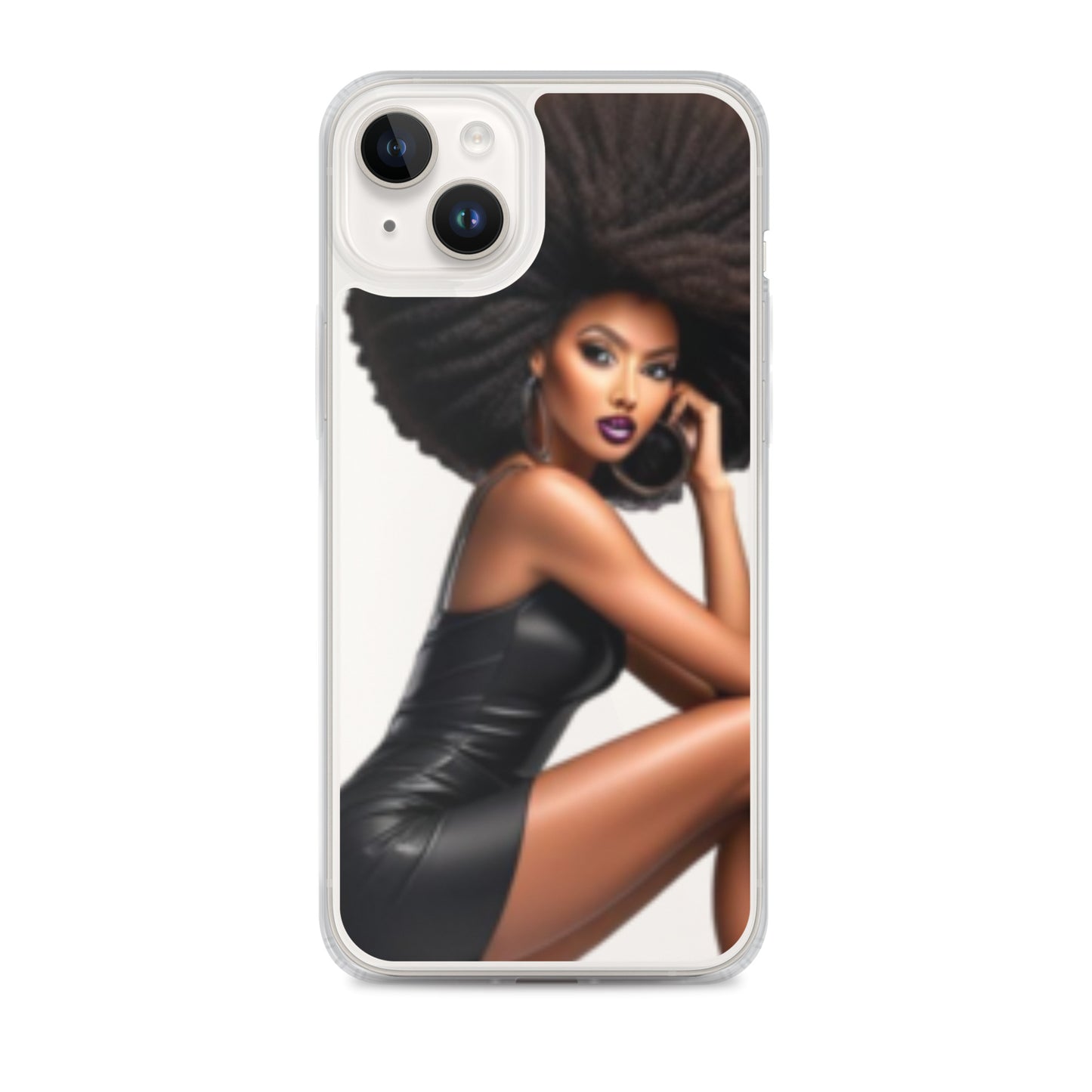 Clear iPhone® case featuring a striking design of a confident Black woman with voluminous hair and bold makeup, showcasing the Stiletto Queen Clear iPhone® Case with purpose-driven messaging.