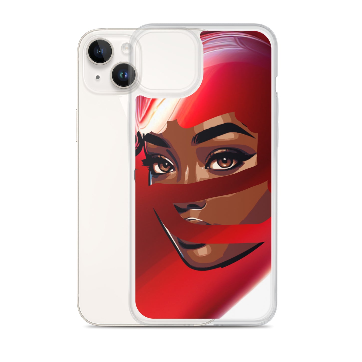 Clear iPhone® case featuring a vibrant red scarf design with a close-up of a woman's face, reflecting melanin-rich imagery and purpose-driven messaging in the Red Scarf Mystery Clear iPhone® Case.