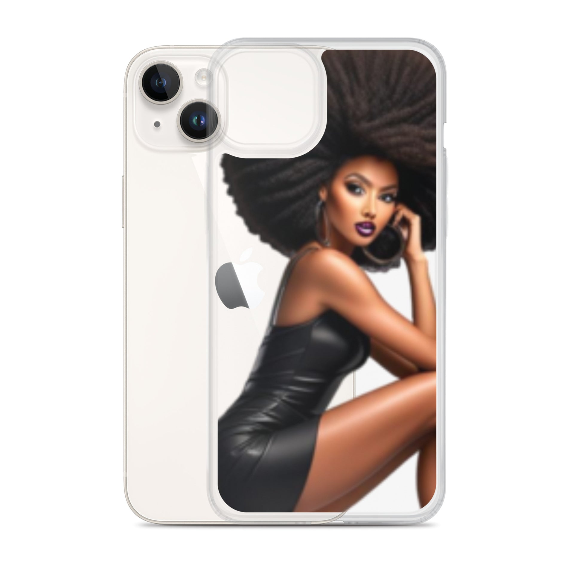 Clear iPhone® case featuring a striking illustration of a confident Black woman with natural hair and stylish black attire, embodying faith-inspired apparel and purpose-driven messaging, Stiletto Queen Clear iPhone® Case.