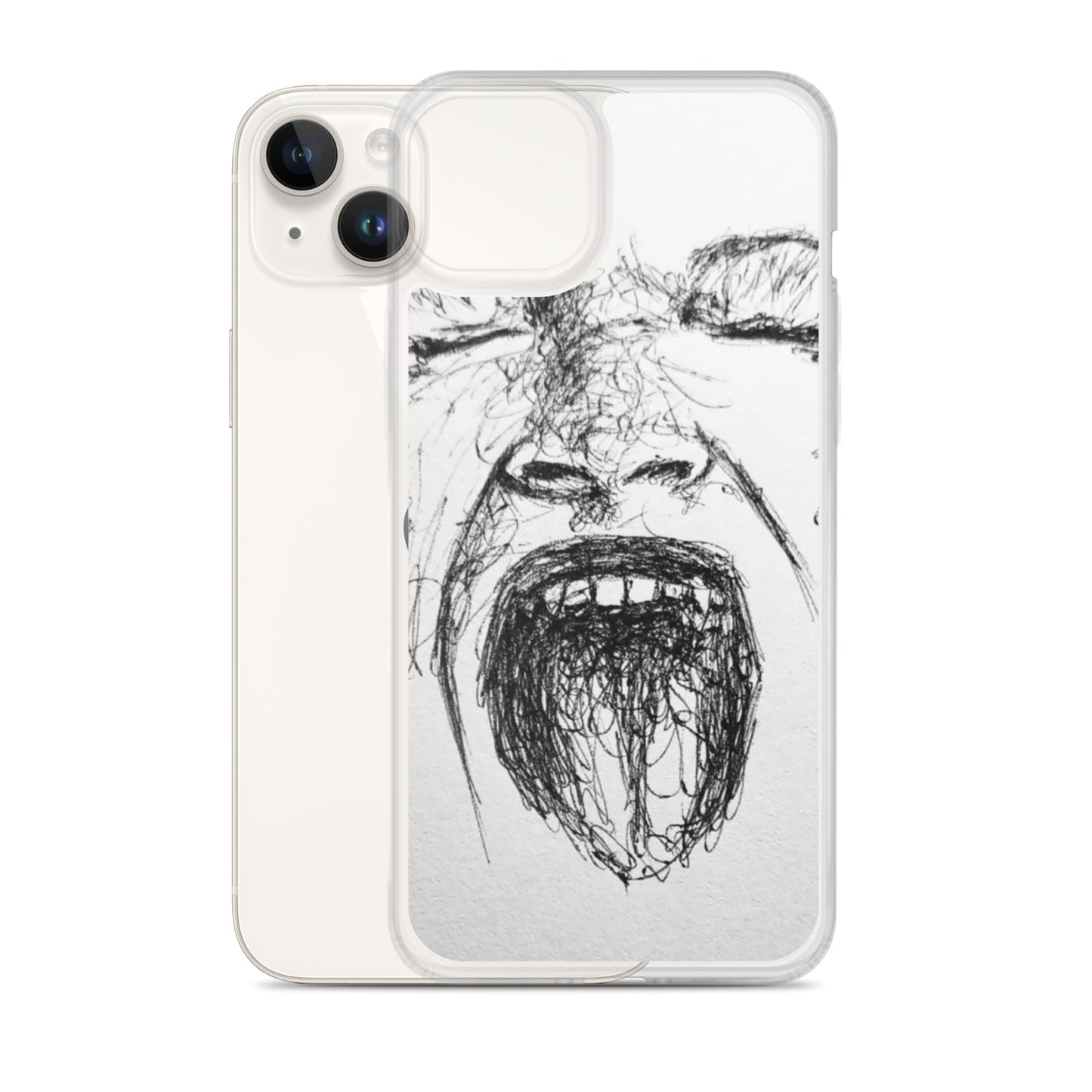 She Screams Clear iPhone® Case features a bold, abstract black ink sketch of a screaming face on a transparent cover, combining artistic expression with protection.
