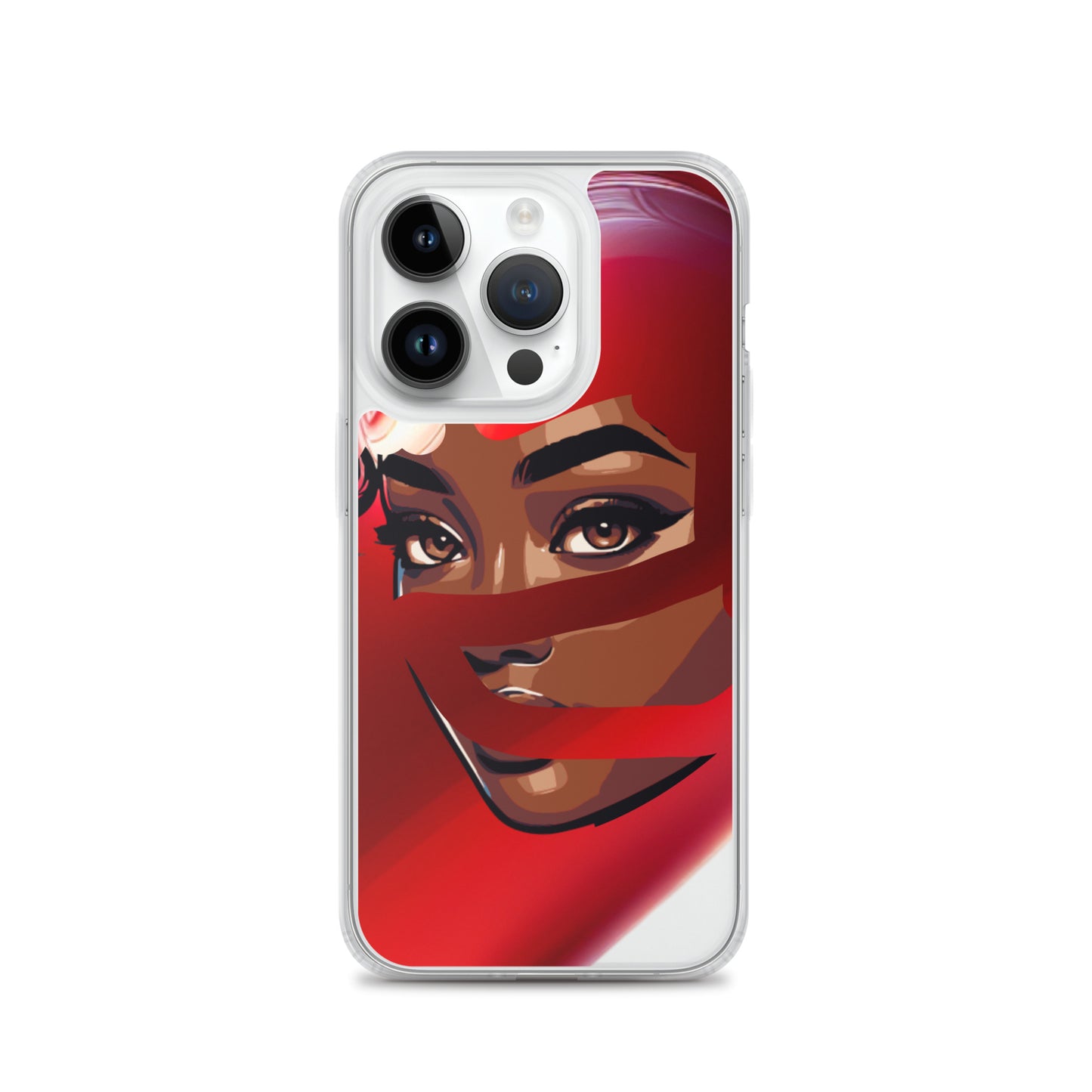 Red Scarf Mystery Clear iPhone® Case featuring a close-up illustration of a woman with melanin-rich skin partially covered by a flowing red scarf, embodying purpose-driven messaging.