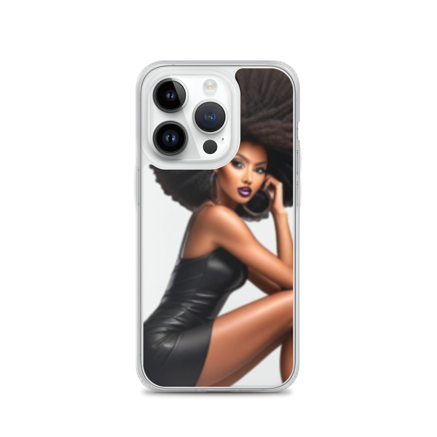 Stiletto Queen Clear iPhone® Case featuring a striking design of a confident Black woman with natural hair in a black leather dress, reflecting melanin-rich imagery and purpose-driven messaging.
