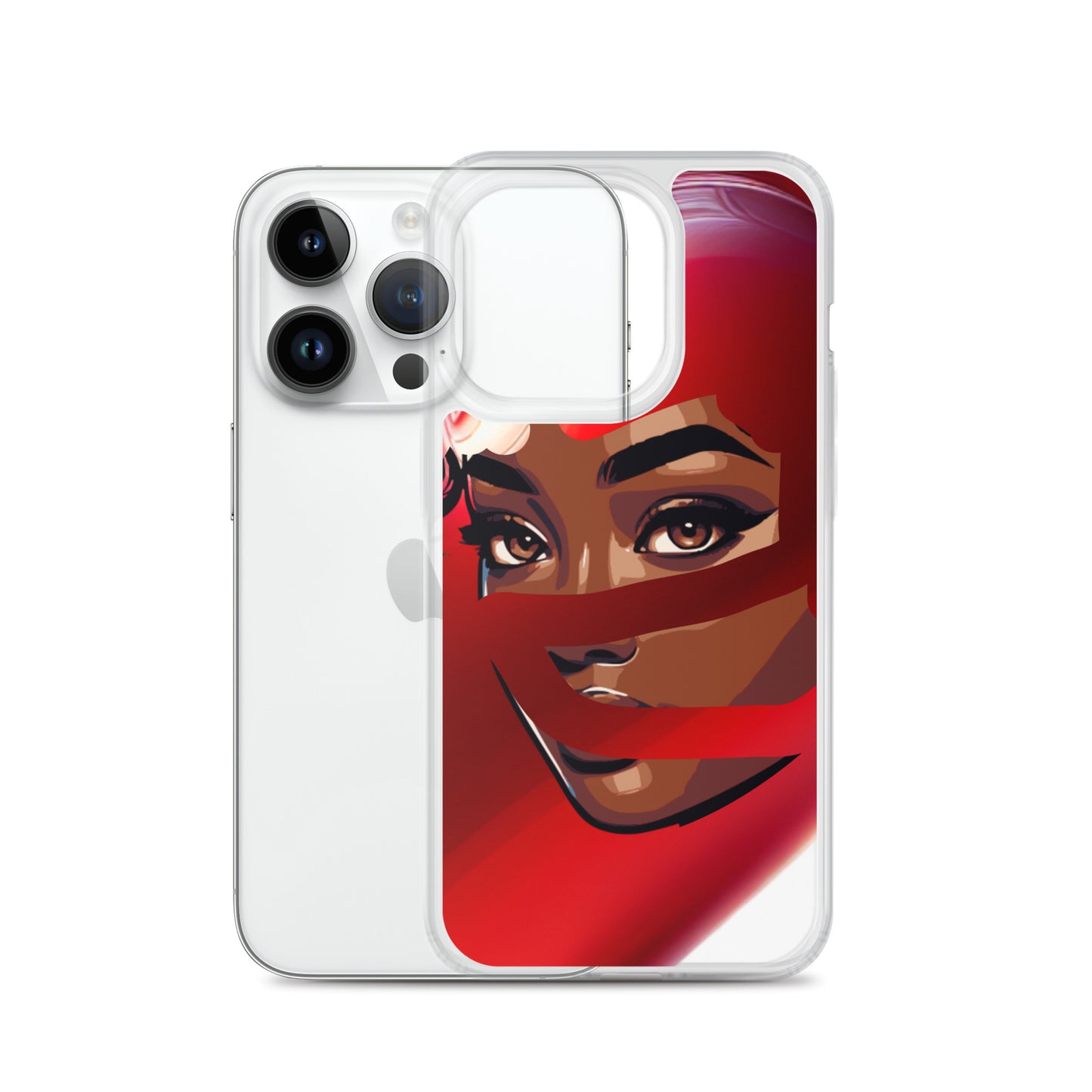 Red Scarf Mystery Clear iPhone® Case featuring a vibrant design of a woman's eyes and face partially covered by red scarf, showcasing purpose-driven messaging and melanin-rich imagery.