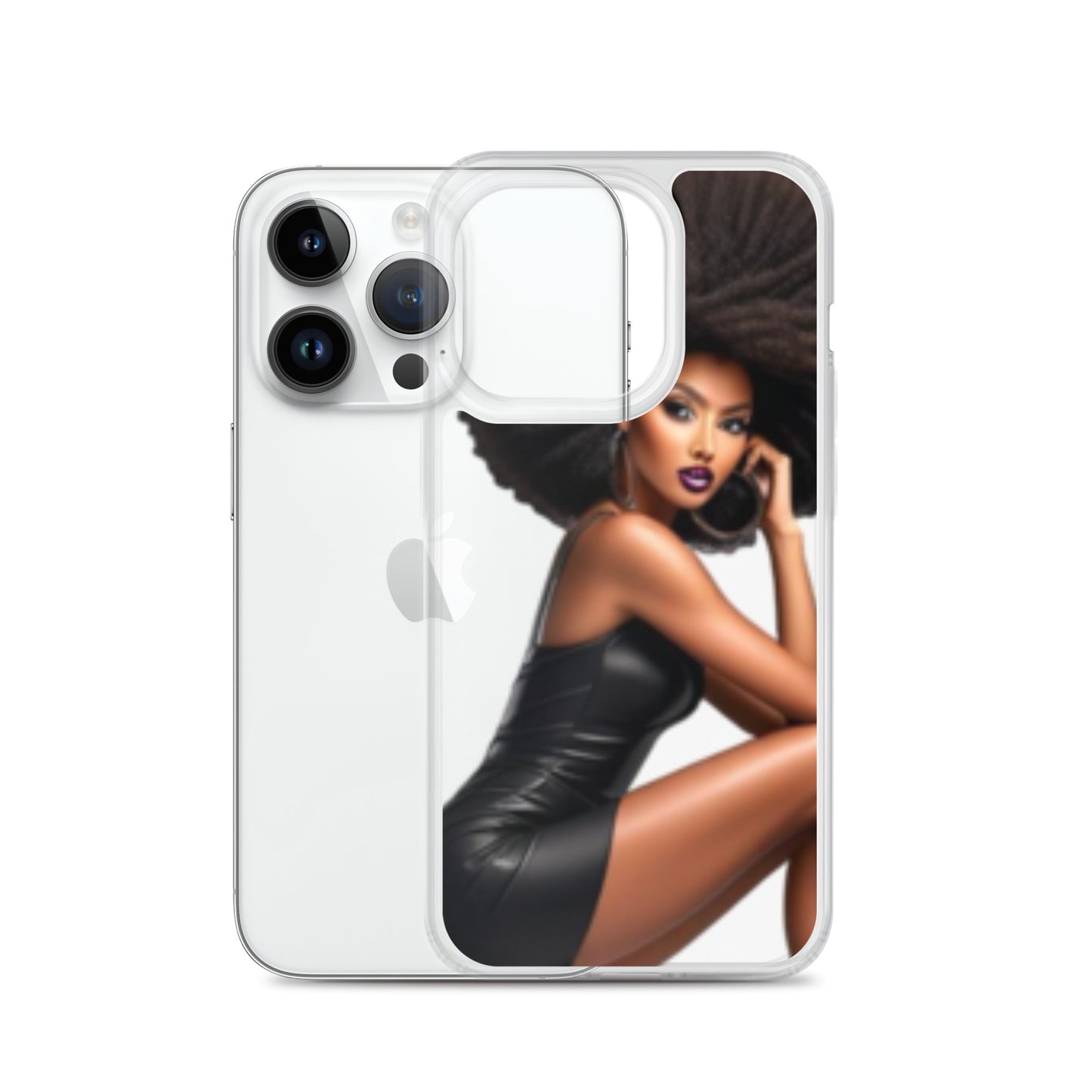 Stiletto Queen Clear iPhone® Case featuring a stylish illustration of a confident Black woman with voluminous hair and bold makeup, blending faith-inspired design and melanin-rich imagery.