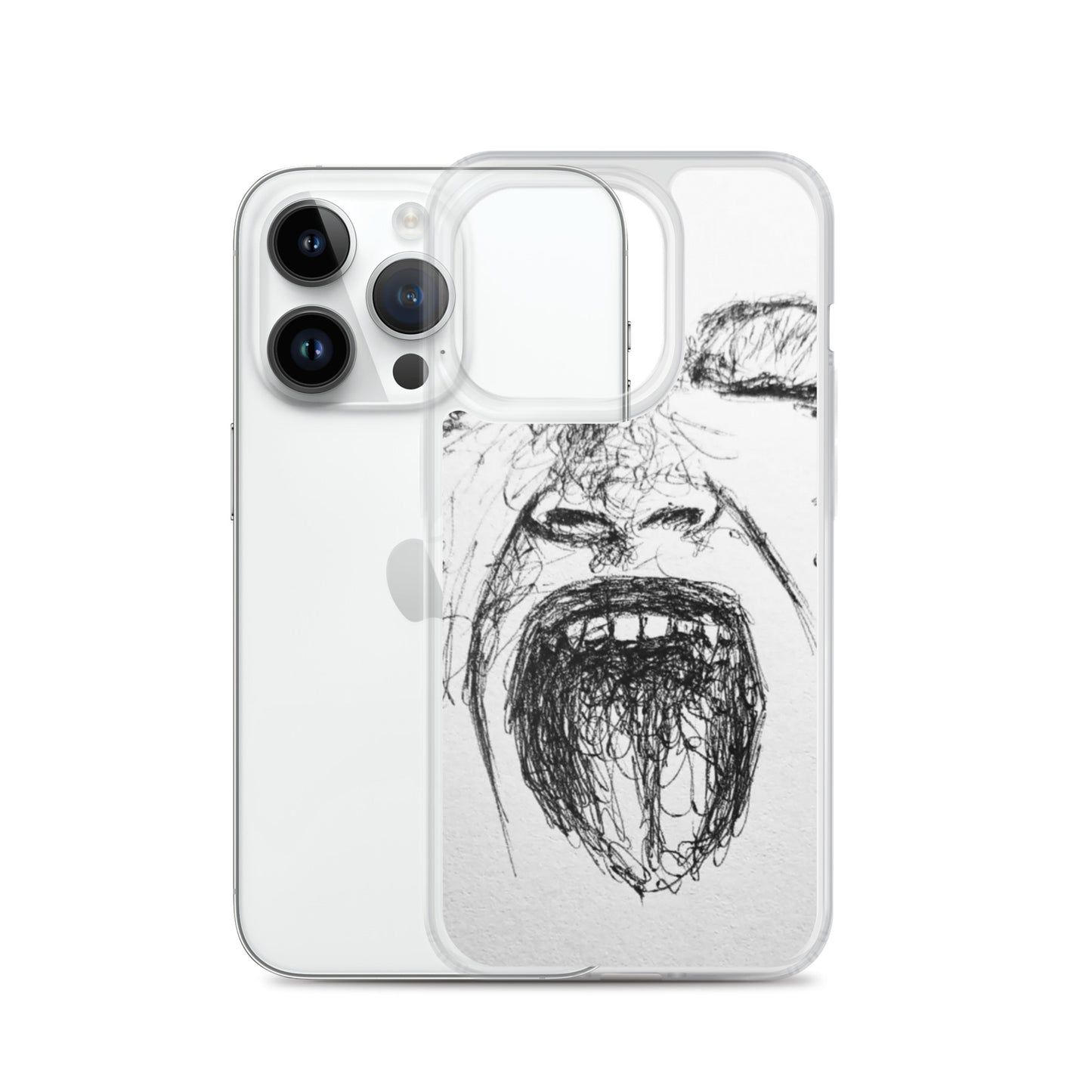 She Screams Clear iPhone® Case featuring an artistic black sketch of a screaming face on a transparent cover, blending faith-inspired design with purpose-driven messaging.