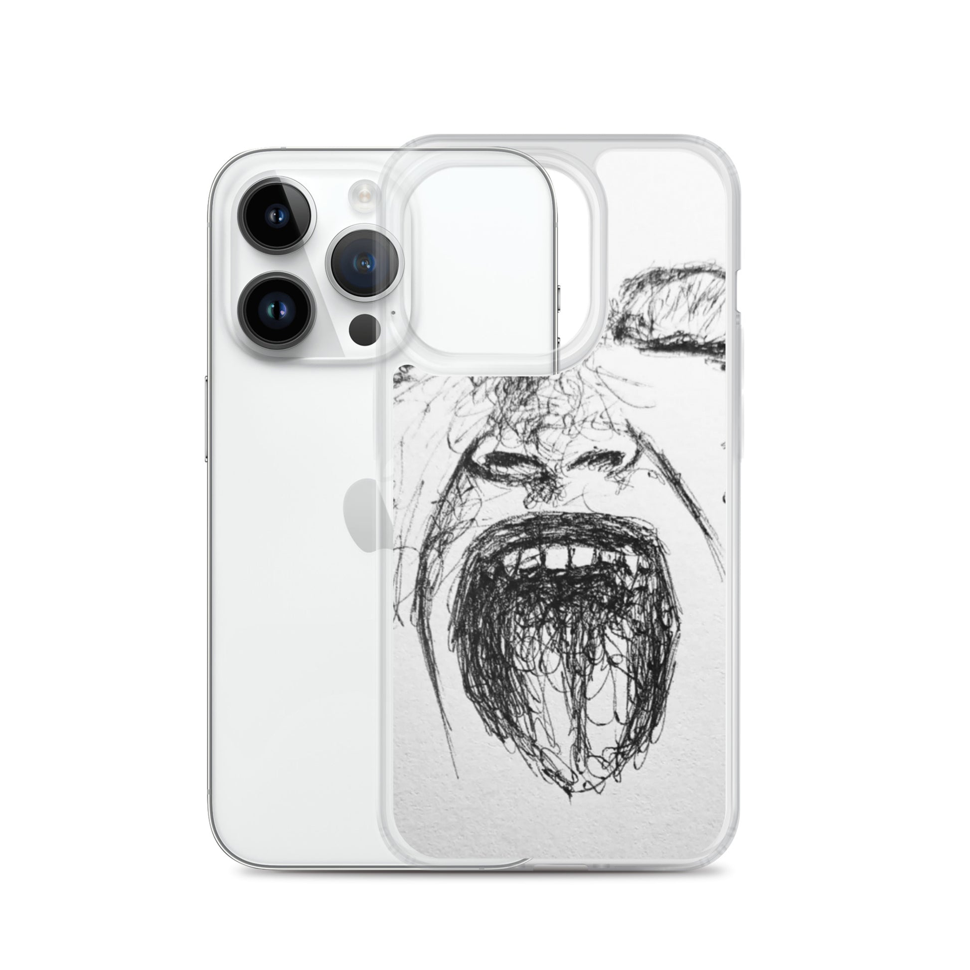 She Screams Clear iPhone® Case featuring an artistic black sketch of a screaming face on a transparent cover, blending faith-inspired design with purpose-driven messaging.