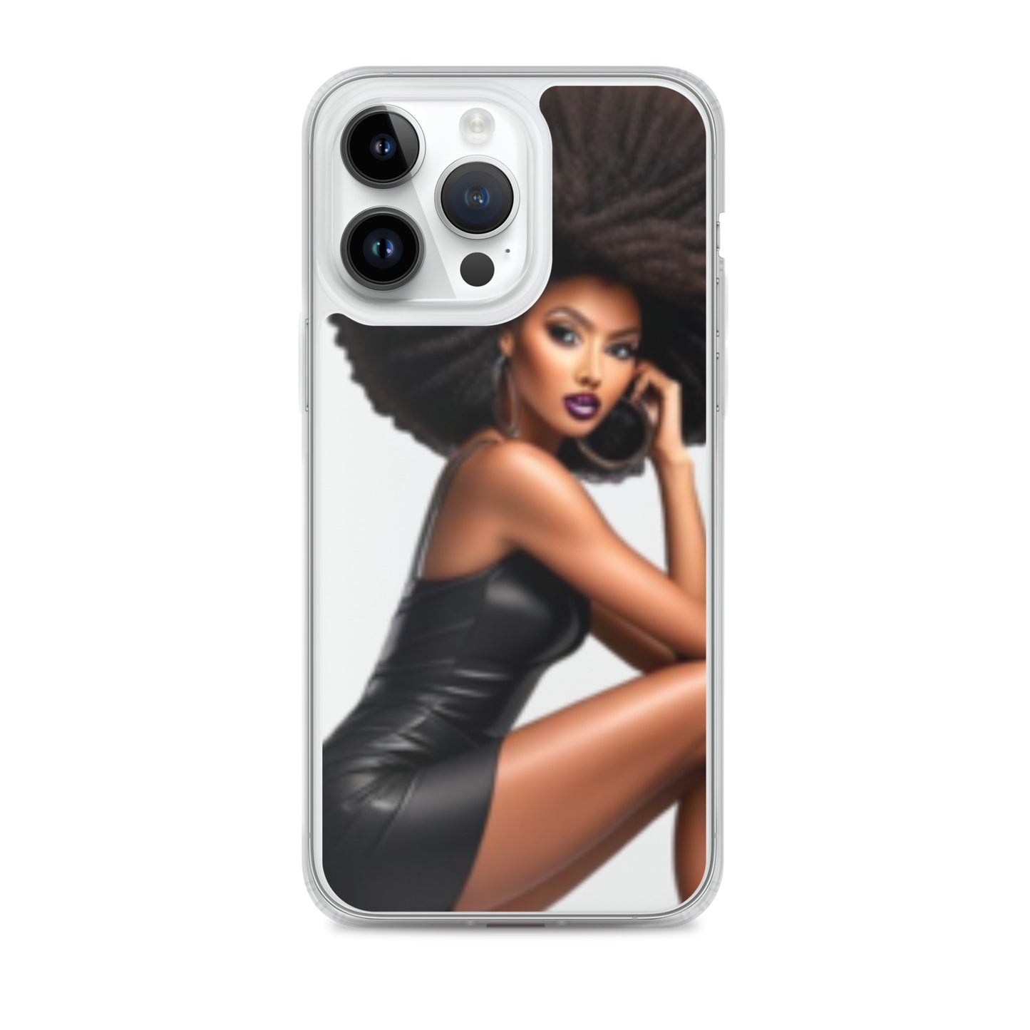 Clear iPhone® case featuring a stunning illustration of a confident Black woman with voluminous natural hair in a sleek black dress, embodying faith-inspired apparel and purpose-driven messaging, Stiletto Queen Clear iPhone® Case.