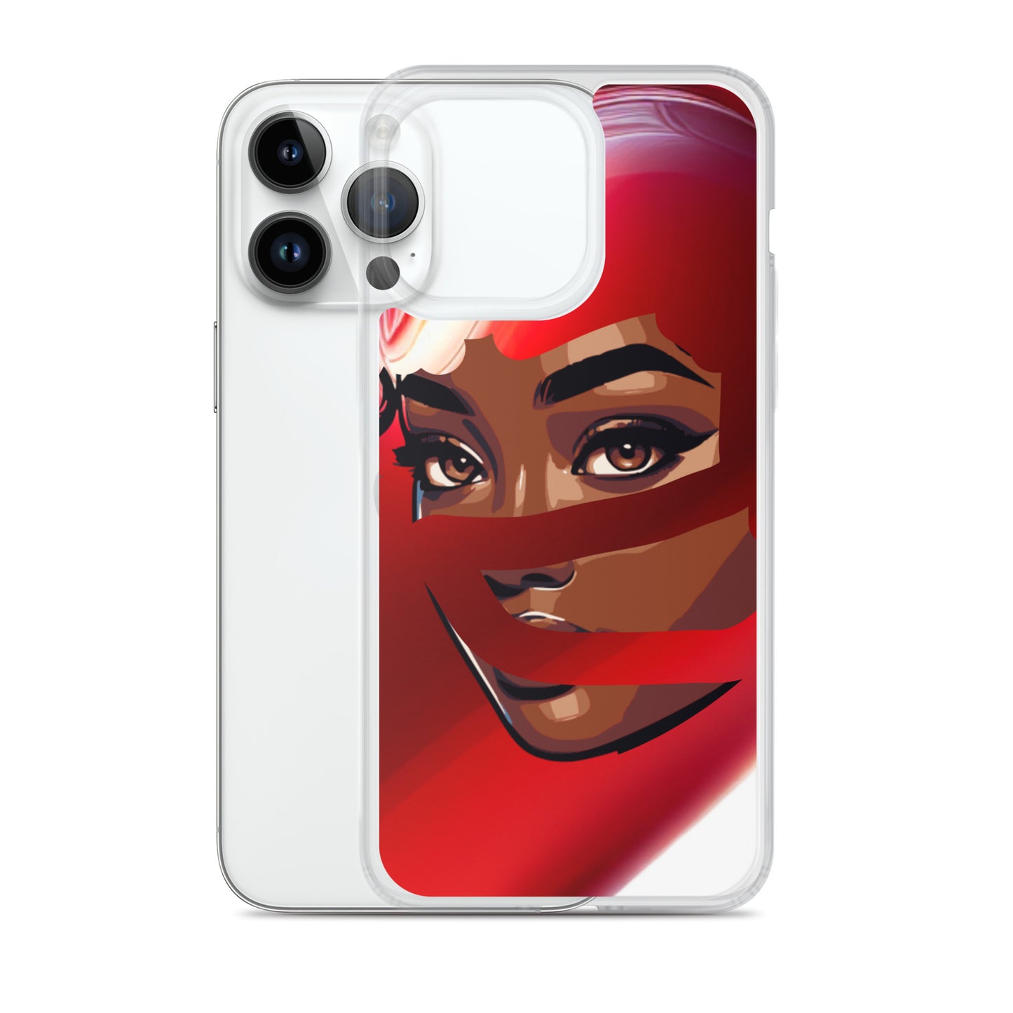 Clear iPhone® case featuring a vibrant woman’s face wrapped in a red scarf, showcasing melanin-rich imagery and faith-inspired purpose-driven messaging, Red Scarf Mystery Clear iPhone® Case.