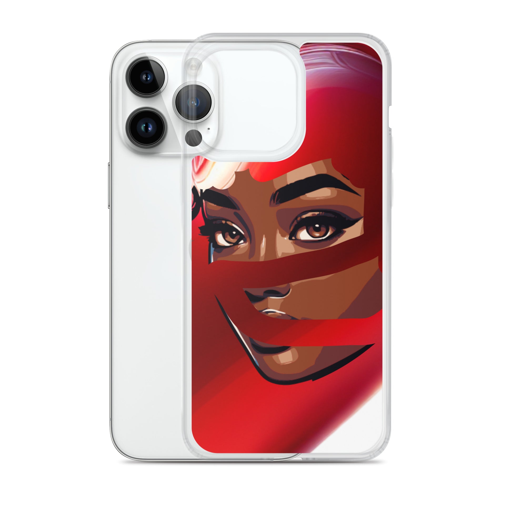 Clear iPhone® case featuring a vibrant woman’s face wrapped in a red scarf, showcasing melanin-rich imagery and faith-inspired purpose-driven messaging, Red Scarf Mystery Clear iPhone® Case.