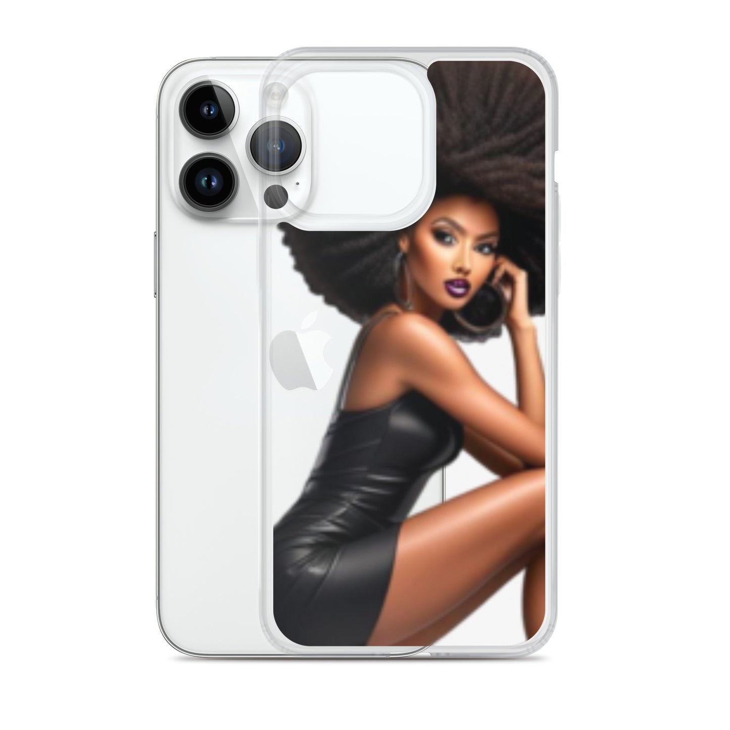 Clear iPhone® case featuring a vibrant illustration of a confident Black woman with natural hair wearing a black leather dress, embodying melanin-rich imagery and purpose-driven messaging, Stiletto Queen Clear iPhone® Case.