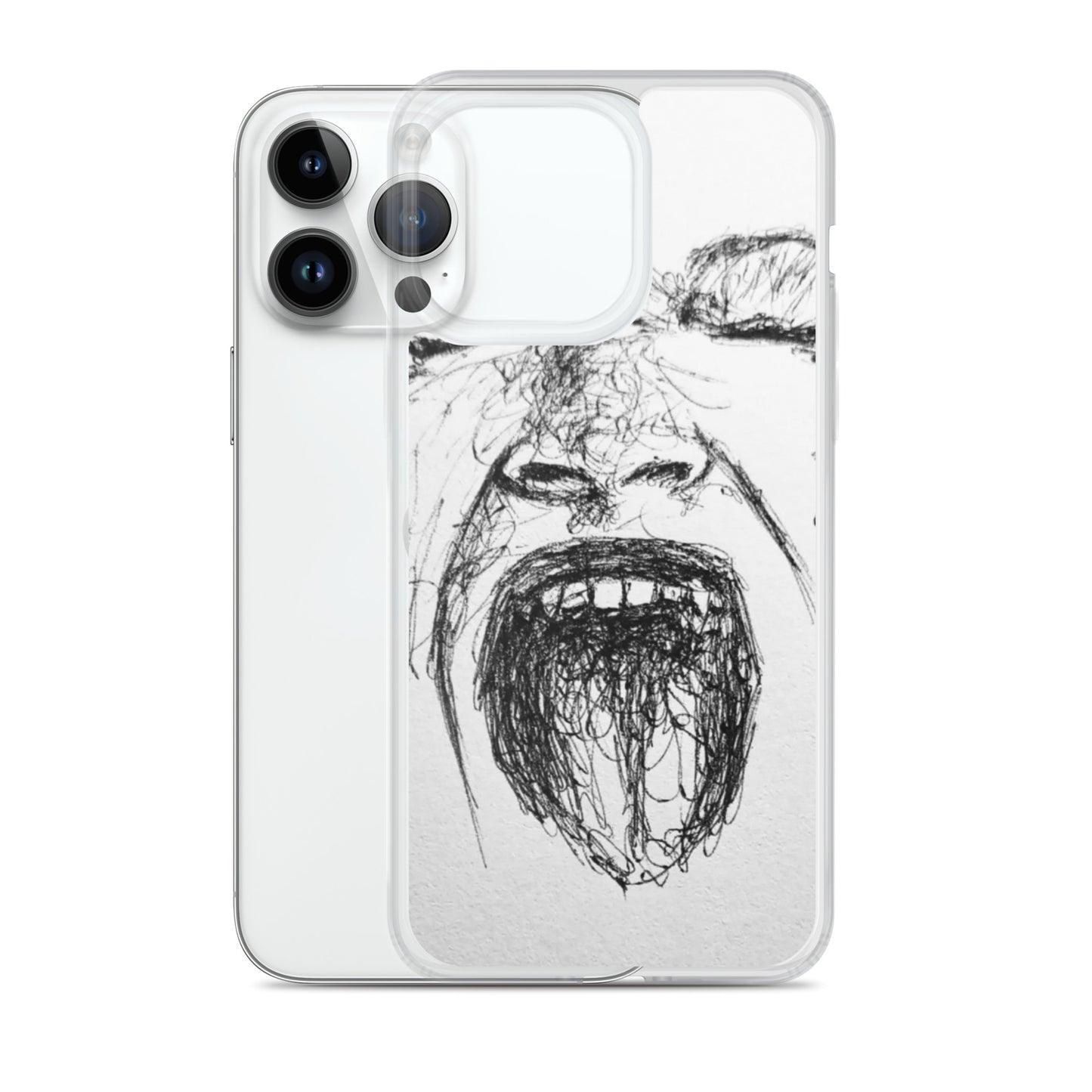 She Screams Clear iPhone® Case featuring a black sketch-style expressive face design on a transparent protective cover, combining faith-inspired artistry with purpose-driven messaging.
