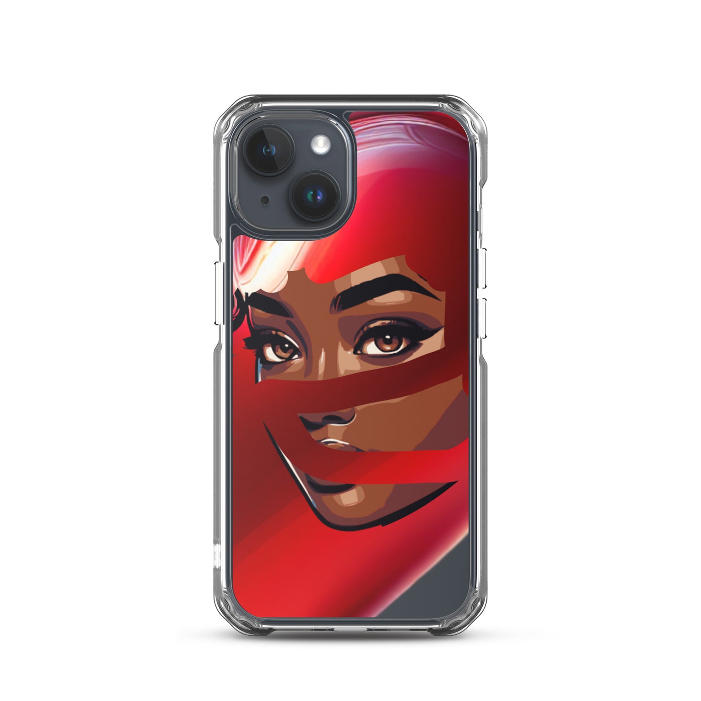 Clear iPhone® case featuring a vibrant red scarf design with a close-up of a confident woman’s face, embodying melanin-rich imagery and purpose-driven messaging on the Red Scarf Mystery Clear iPhone® Case.
