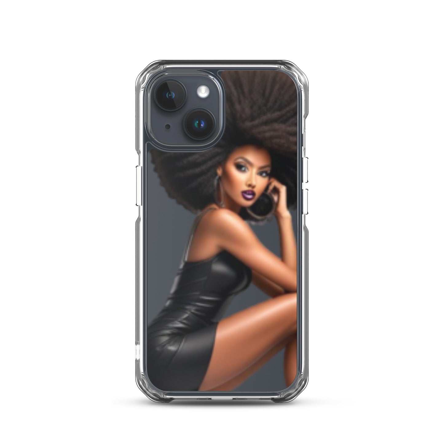 Clear iPhone® case featuring a stylized illustration of a confident Black woman with an afro hairstyle and bold makeup, showcasing melanin-rich imagery on the Stiletto Queen Clear iPhone® Case.