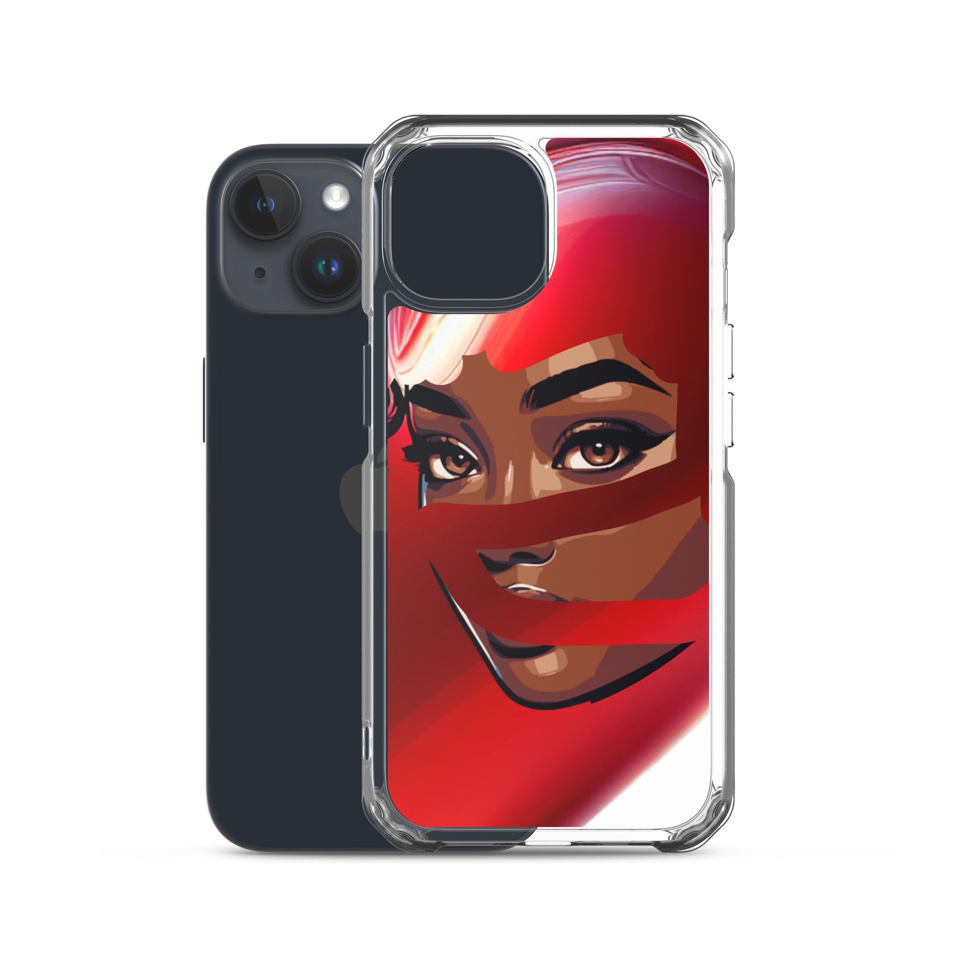 Red Scarf Mystery Clear iPhone® Case featuring a striking illustration of a woman's face partially covered by a flowing red scarf, showcasing melanin-rich imagery and purpose-driven messaging.