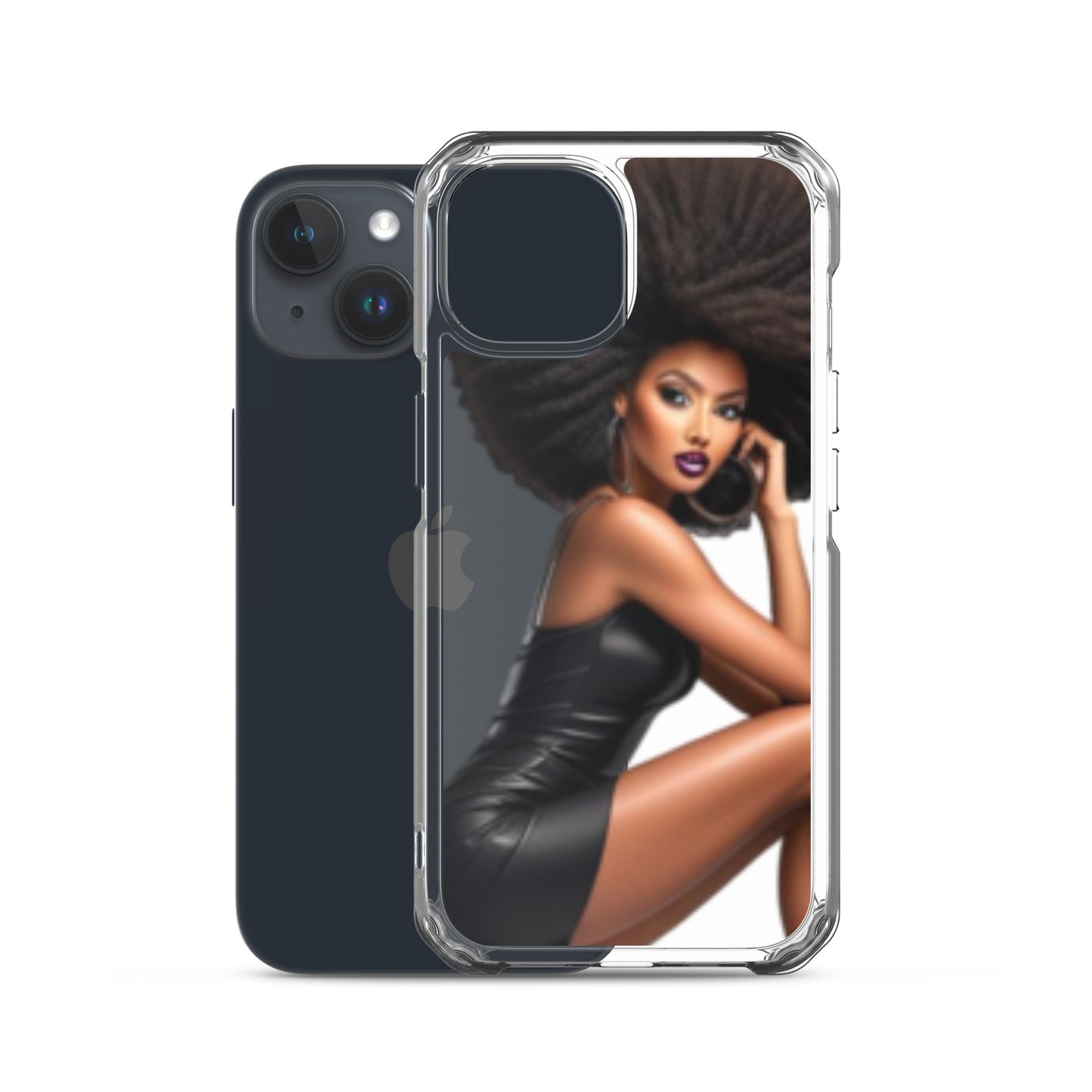 Clear phone case featuring an artistic image of a confident Black woman with voluminous natural hair in a sleek black dress, designed for the Stiletto Queen Clear iPhone® Case.