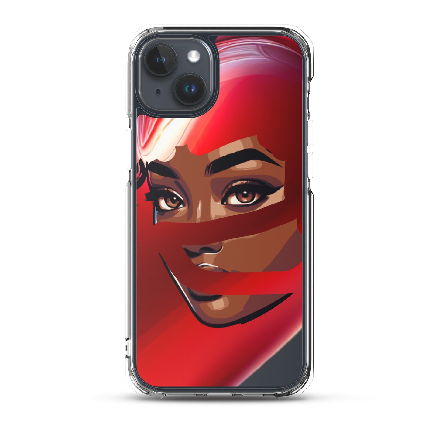 Clear iPhone® case featuring a vibrant, faith-inspired design of a woman with a red scarf, highlighting melanin-rich imagery and purpose-driven messaging on the Red Scarf Mystery Clear iPhone® Case.