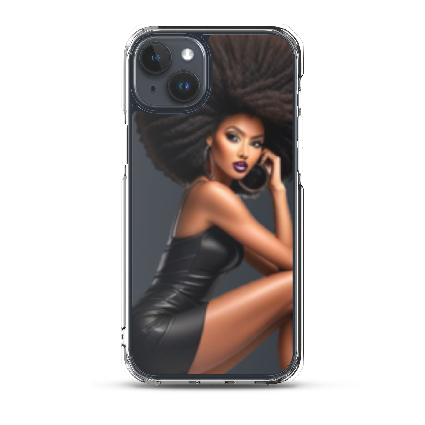 Clear iPhone® case featuring an artistic portrait of a confident Black woman with natural hair and bold makeup, showcasing the Stiletto Queen Clear iPhone® Case.