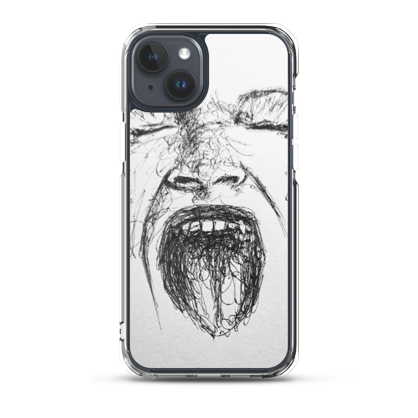 She Screams Clear iPhone® Case with expressive abstract black ink face design, combining bold artistic style with clear durable protection for purpose-driven faith-inspired fashion.