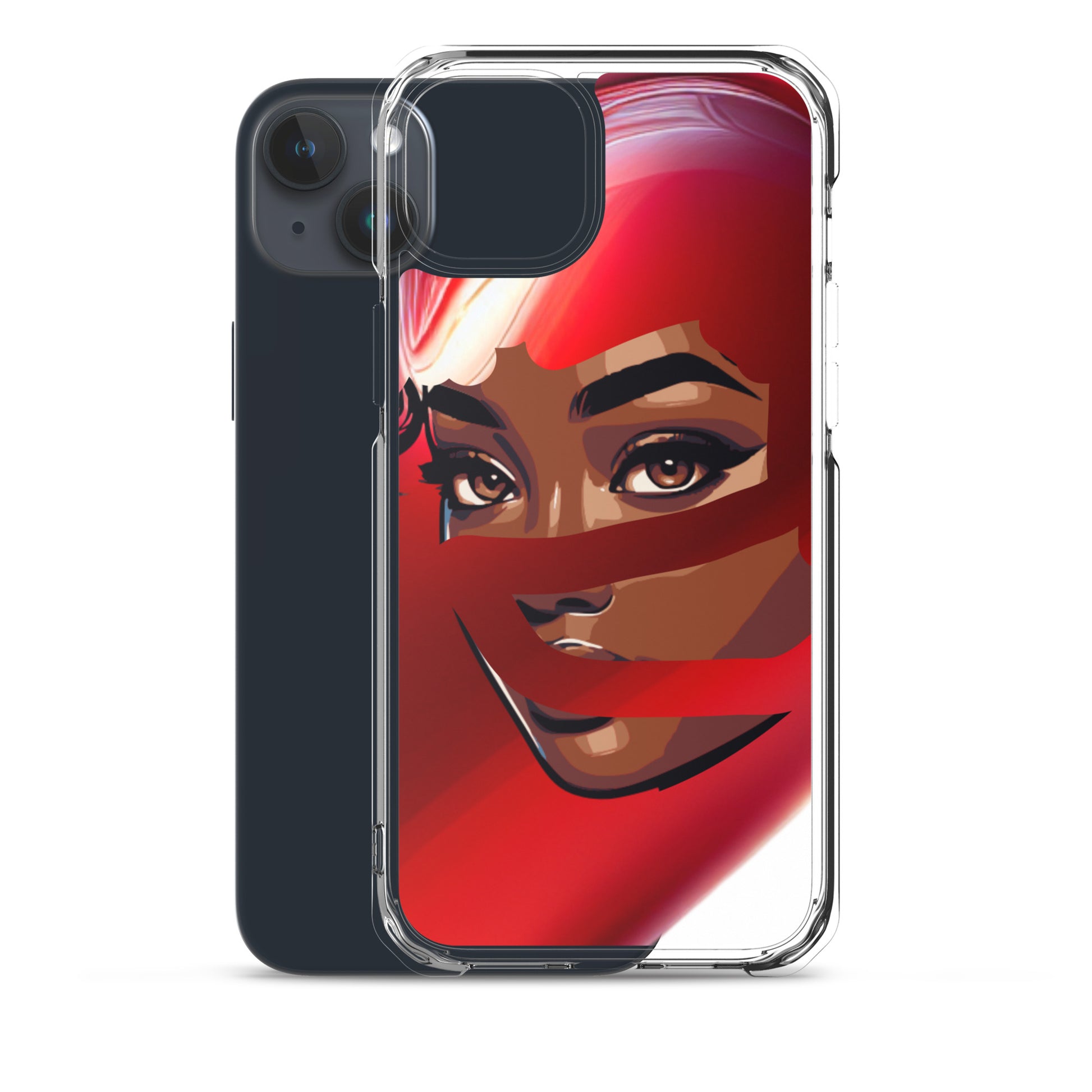 Clear iPhone® case featuring a vibrant design of a mysterious woman with a red scarf, showcasing faith-inspired apparel and gifts with melanin-rich imagery and purpose-driven messaging, Walk in purpose. Wear your faith. Red Scarf Mystery Clear iPhone® Case.