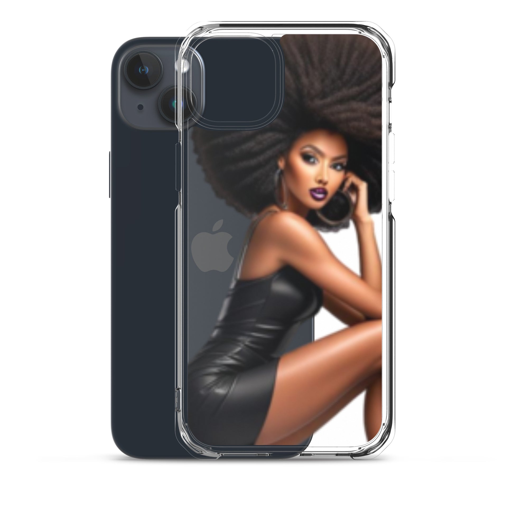 Stiletto Queen Clear iPhone® Case featuring a striking image of a confident Black woman with an afro and bold makeup, embodying melanin-rich imagery and purpose-driven messaging.