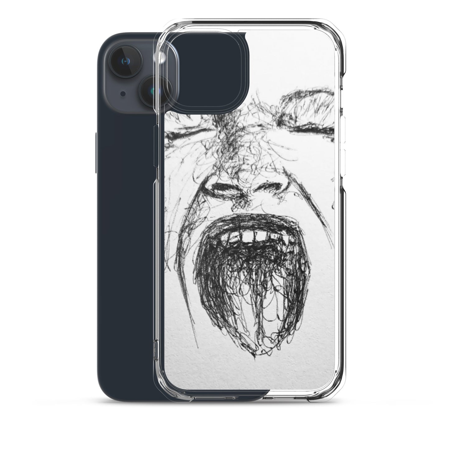 She Screams Clear iPhone® Case featuring an artistic black sketch of a face with eyes closed and mouth open, designed to inspire faith and purpose-driven messaging.