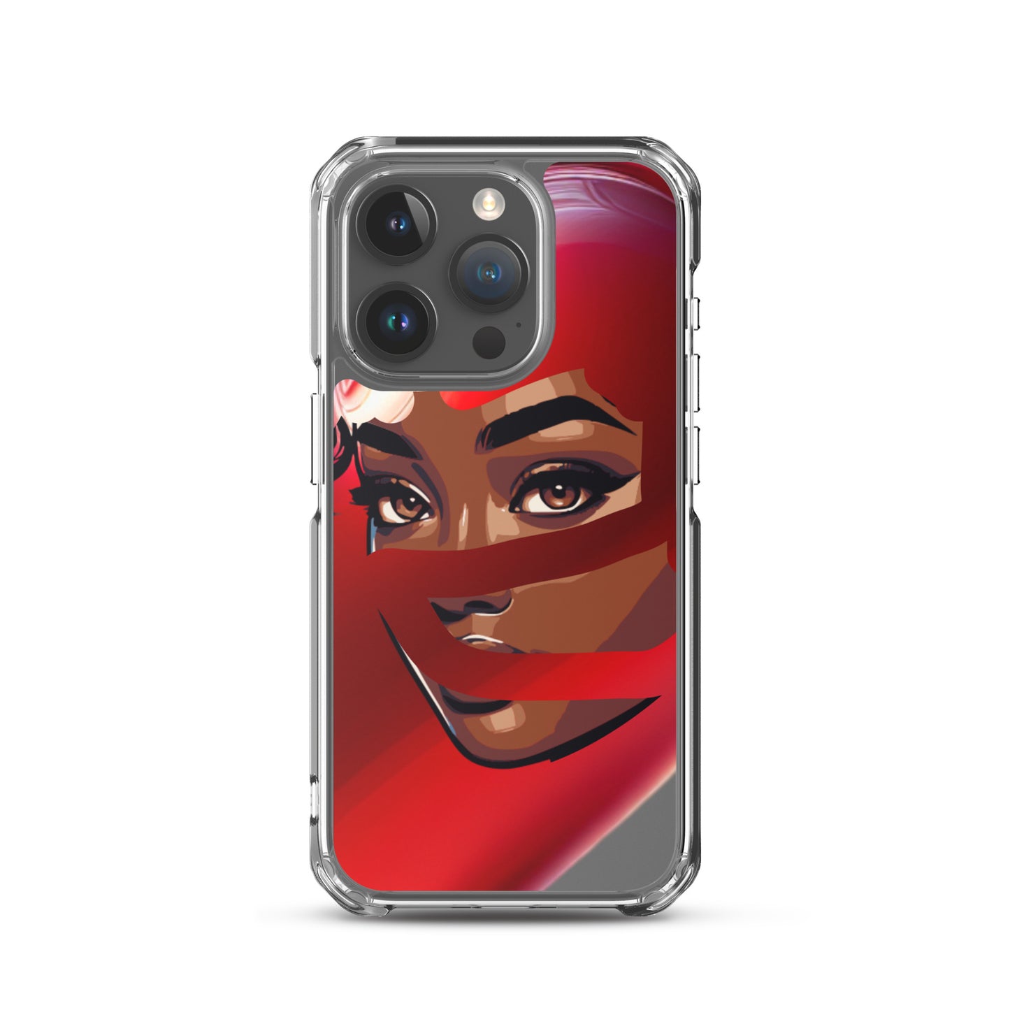 Clear iPhone® case featuring a striking design of a woman's face partially covered by a vibrant red scarf, showcasing faith-inspired apparel and melanin-rich imagery with purpose-driven messaging in the Red Scarf Mystery Clear iPhone® Case.