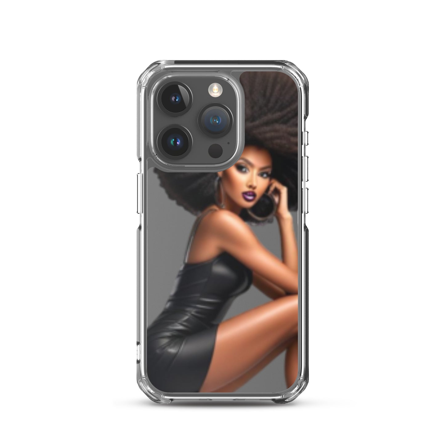 Clear phone case featuring a stylish illustration of a confident Black woman with natural hair in a leather dress, showcasing the Stiletto Queen Clear iPhone® Case.
