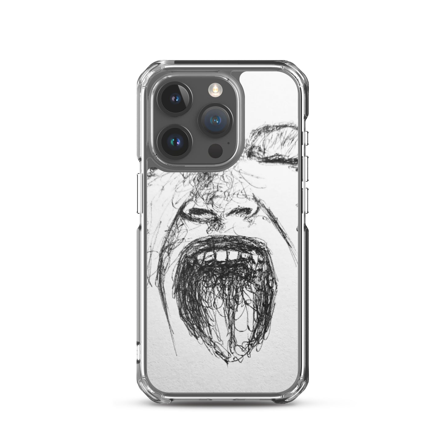 She Screams Clear iPhone® Case featuring a bold, expressive sketch of a screaming face, combining clear durable protection with purpose-driven, faith-inspired design.
