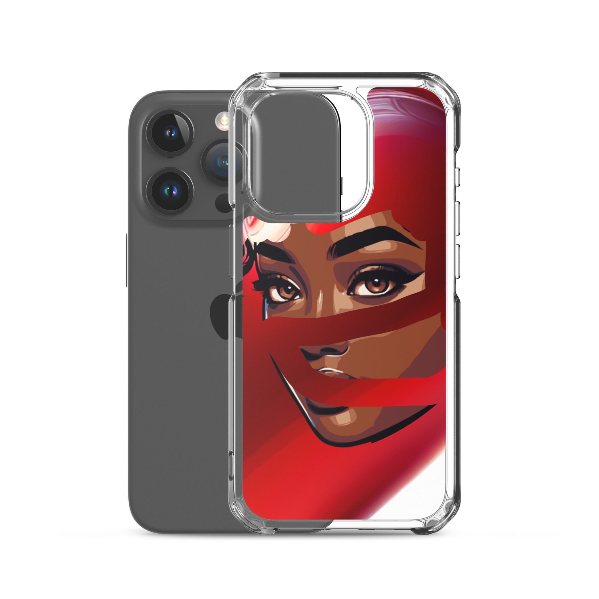 Clear iPhone® case featuring a striking illustration of a woman's face with deep brown skin wrapped in a vibrant red scarf, embodying faith-inspired apparel and gifts with melanin-rich imagery and purpose-driven messaging, titled Red Scarf Mystery Clear iPhone® Case.