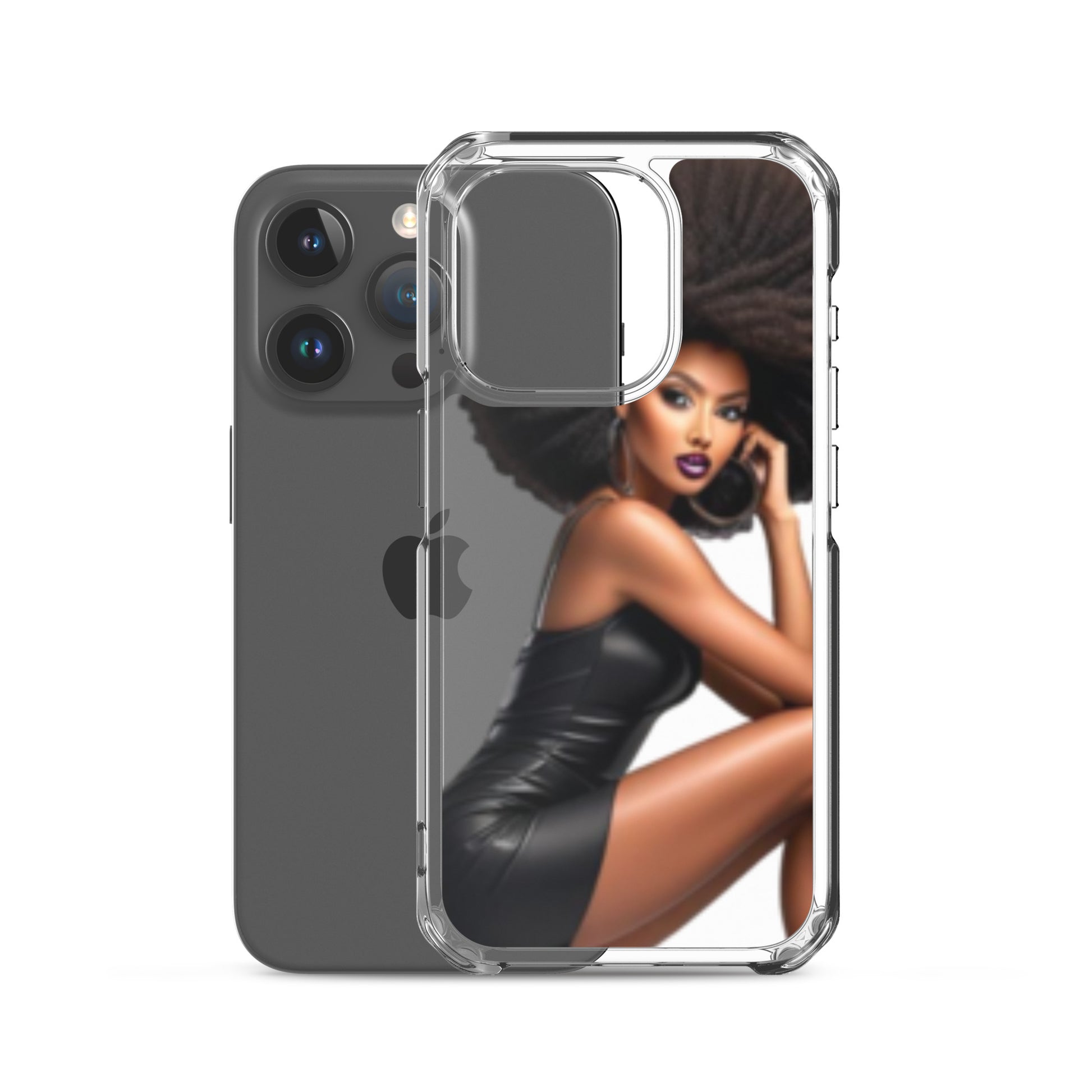 Stiletto Queen Clear iPhone® Case featuring a stylish illustration of a confident Black woman with an afro hairstyle in a black dress, blending faith-inspired and melanin-rich imagery.