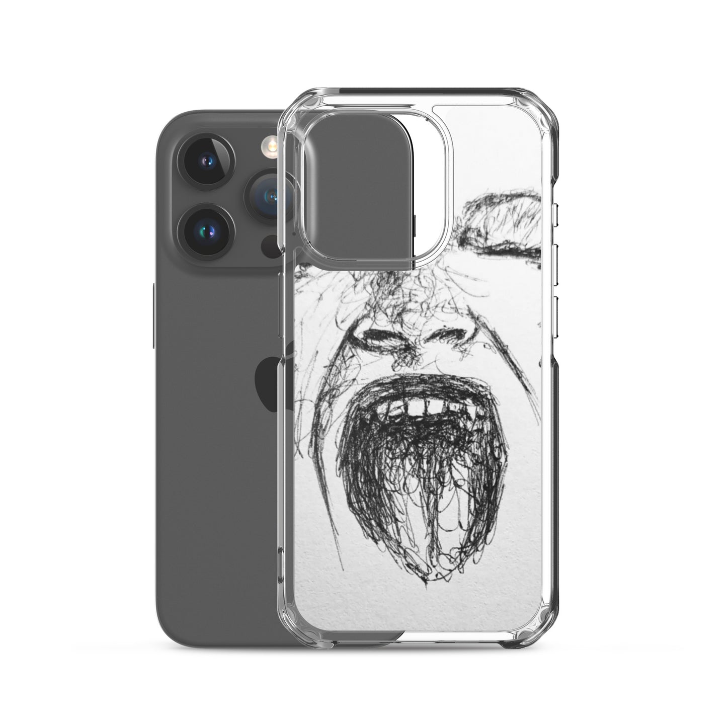 She Screams Clear iPhone® Case featuring an artistic black line drawing of a woman screaming, combining melanin-rich imagery with a purpose-driven design on a transparent protective cover.