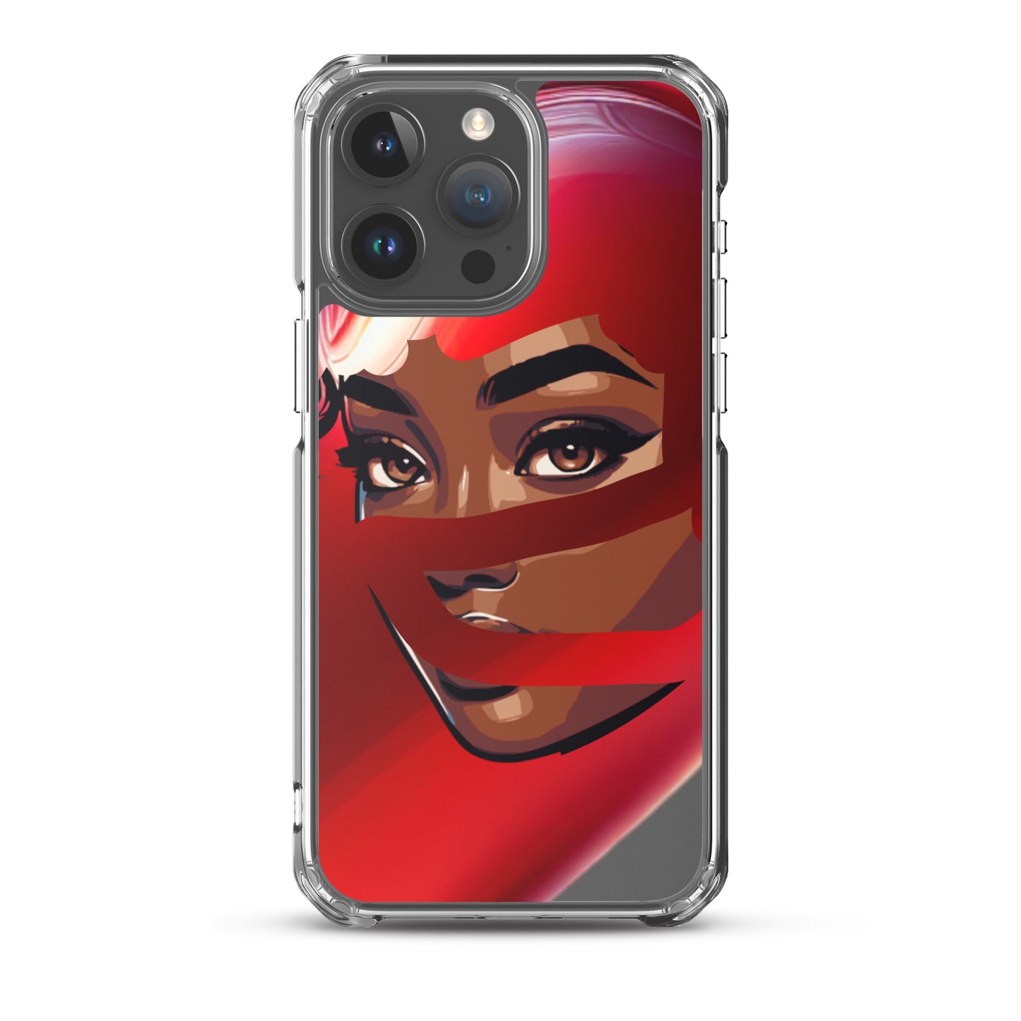 Clear iPhone® case featuring a striking illustration of a woman with melanin-rich skin partially covered by a flowing red scarf, embodying purpose-driven messaging and faith-inspired design in the Red Scarf Mystery Clear iPhone® Case.
