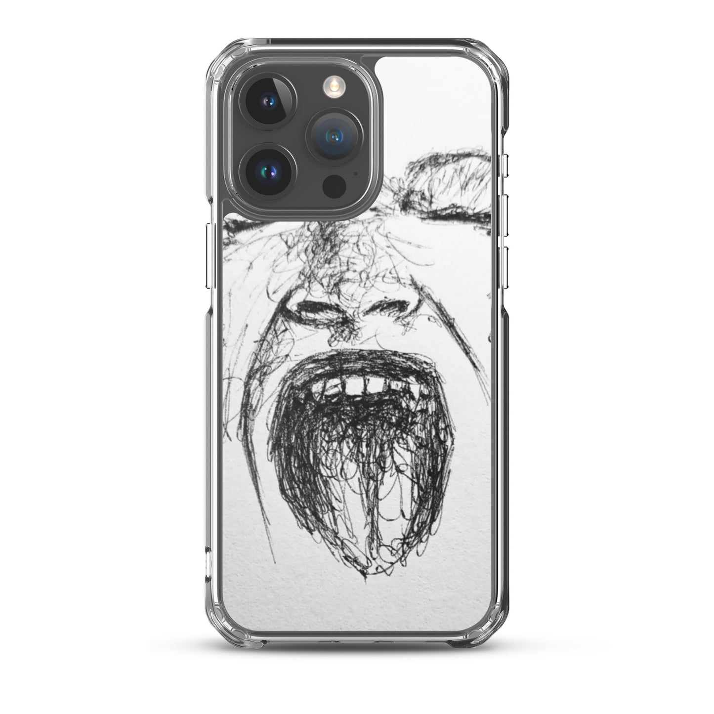 She Screams Clear iPhone® Case featuring an abstract black line art of a screaming face on a transparent protective cover, blending melanin-rich imagery with purpose-driven messaging.