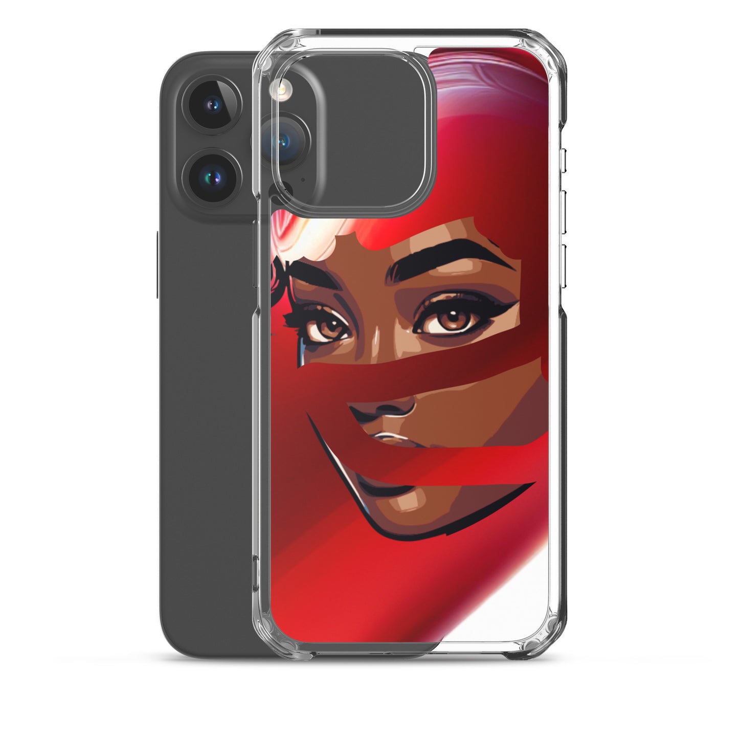 Red Scarf Mystery Clear iPhone® Case featuring a striking artistic illustration of a woman's face partly covered by a flowing red scarf, blending faith-inspired design with melanin-rich imagery.